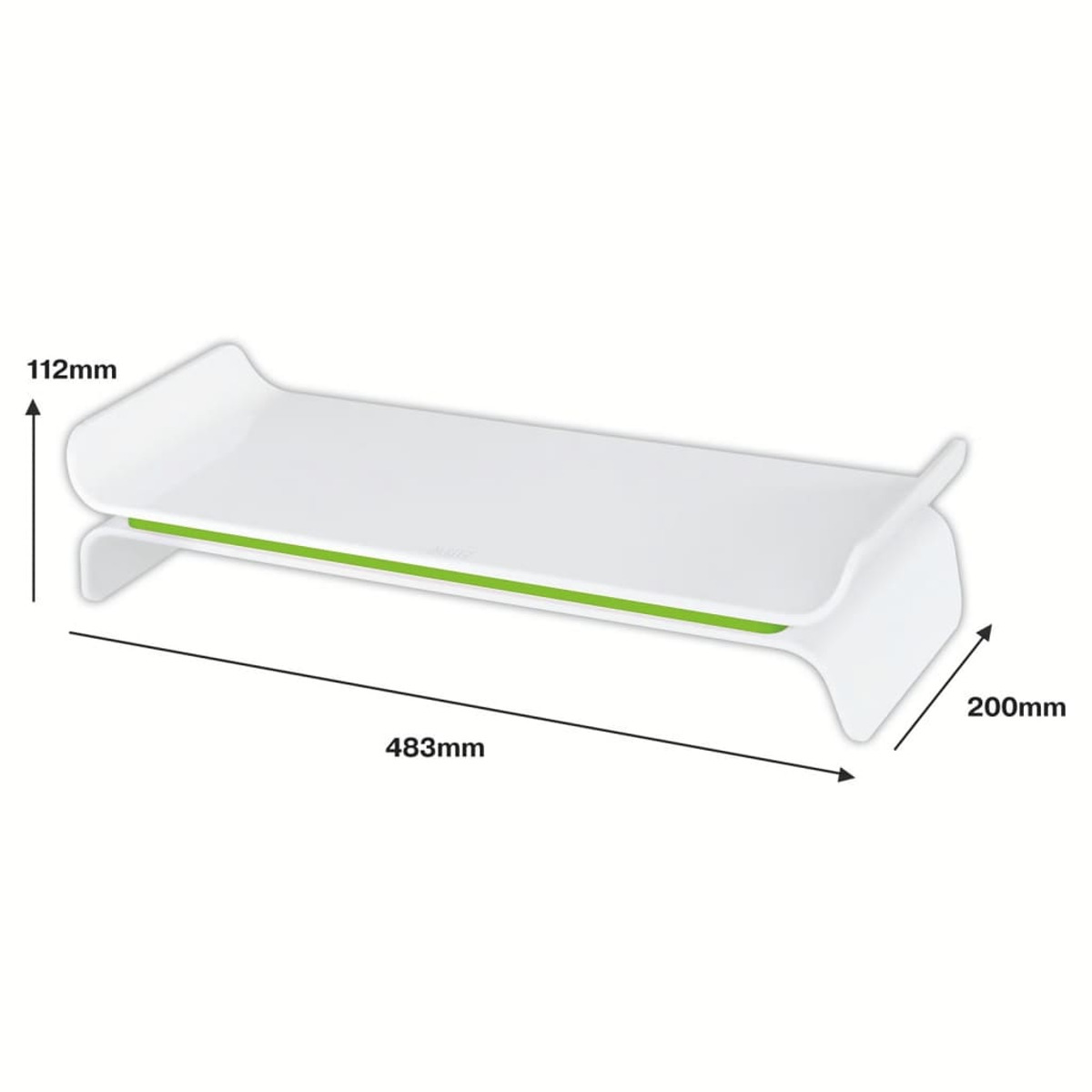 Biała taca z zielonym paskiem, 483mm długa, 112mm wysoka, 200mm szeroka.