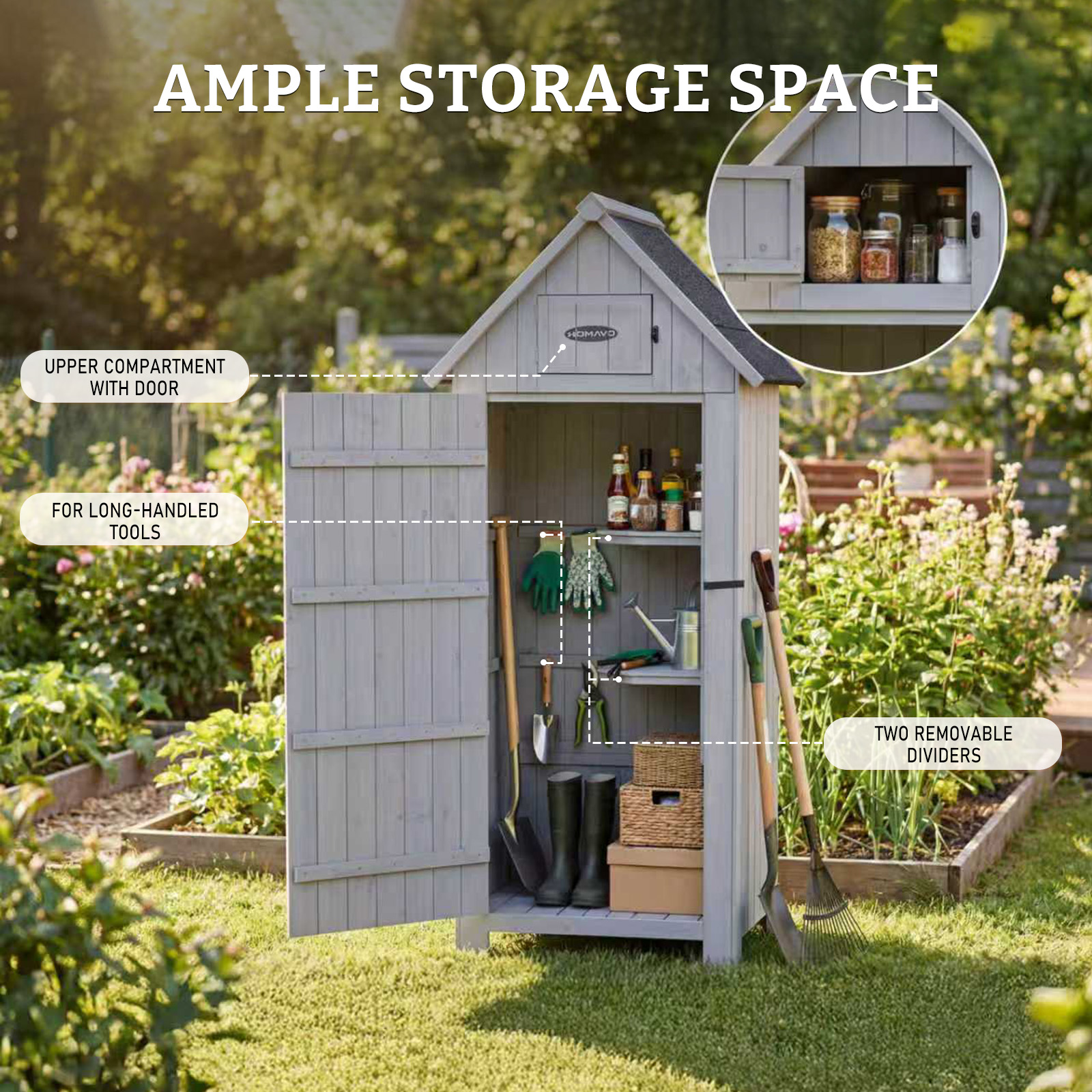 Un capanno da giardino grigio con porte aperte, riempito di attrezzi e forniture.
