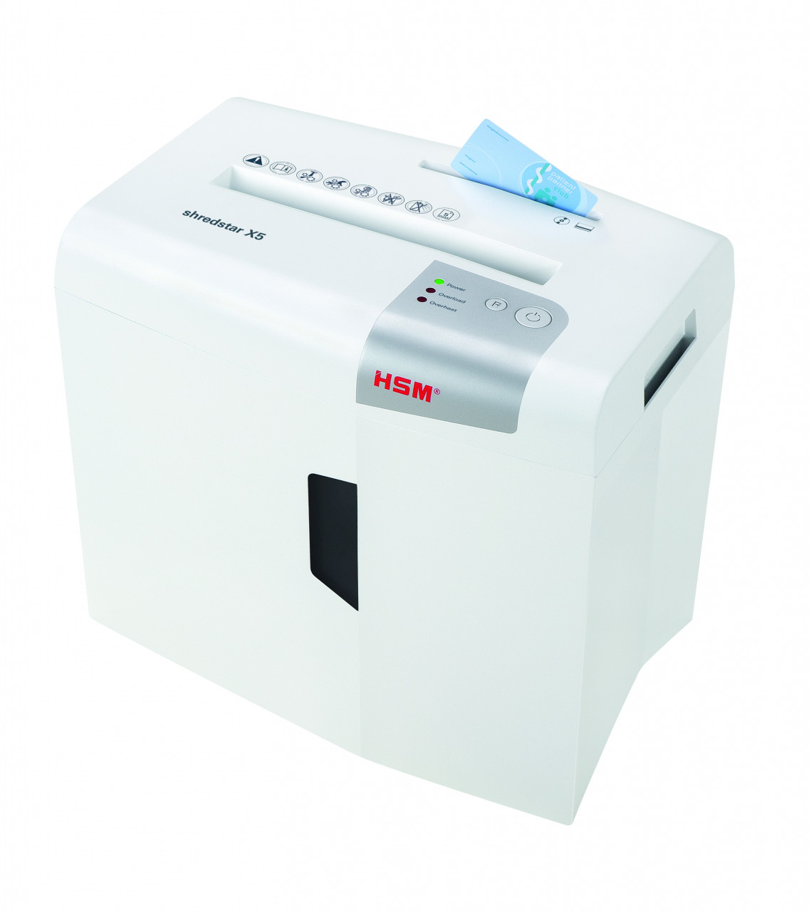 Biała niszczarka do papieru z napisem „shredstar X5” i logo HSM.