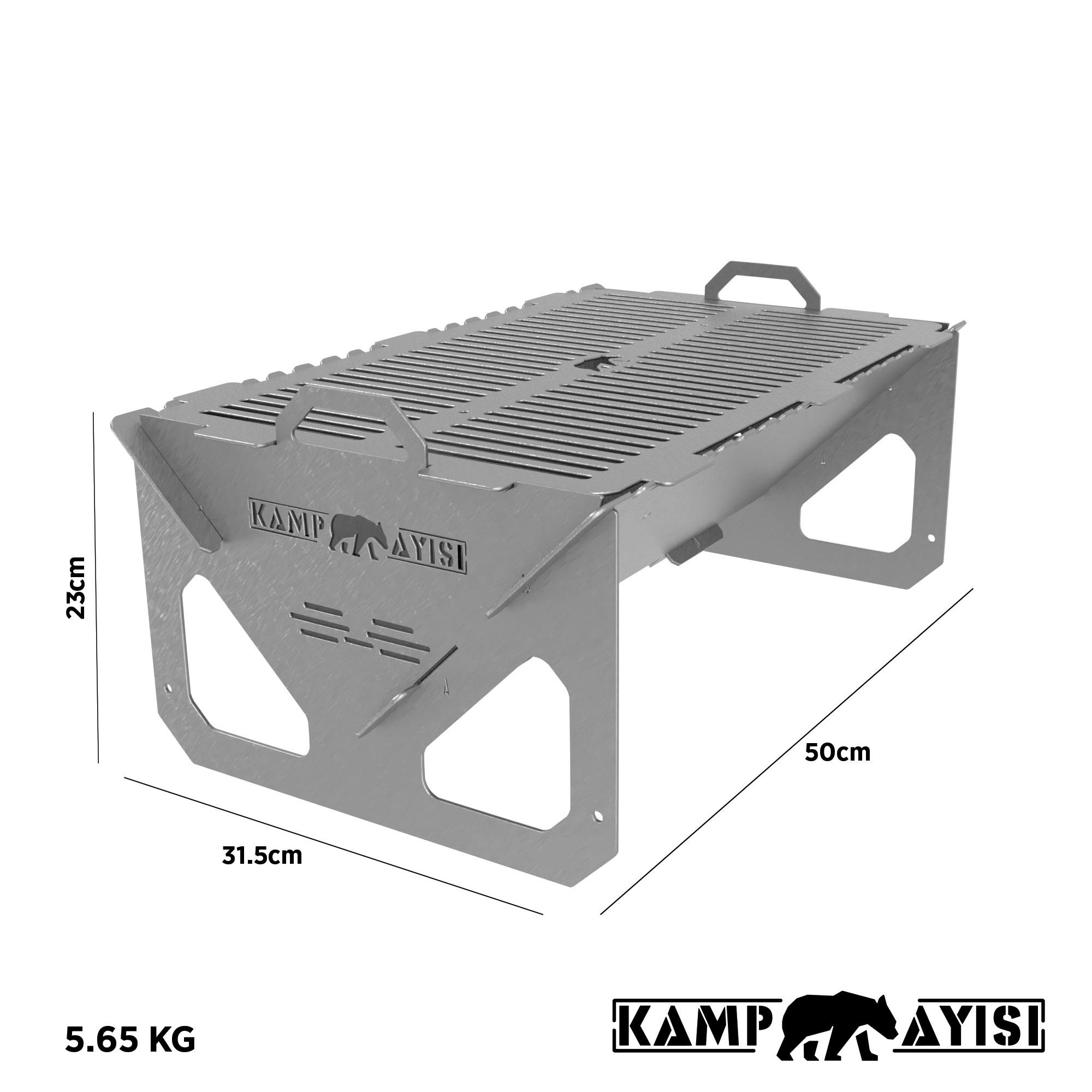 Gümüş renkli, katlanabilir ızgara, boyutları 31,5x50x23cm, ağırlığı 5,65kg.