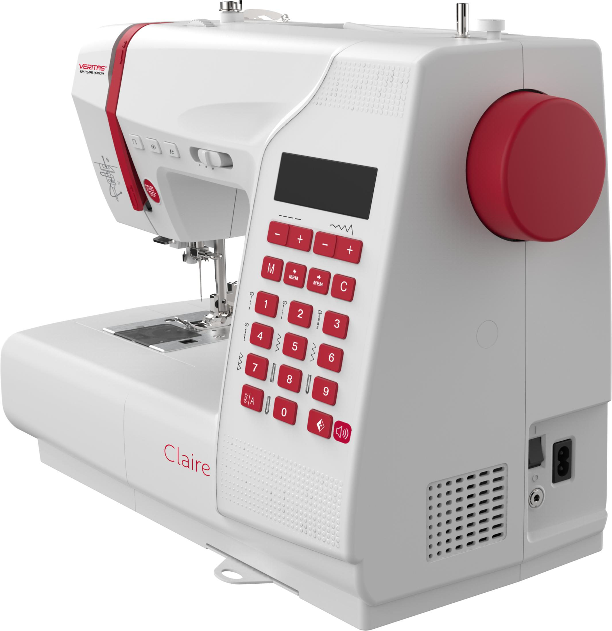 Eine weiße Nähmaschine mit roten Akzenten und einem digitalen Bildschirm.