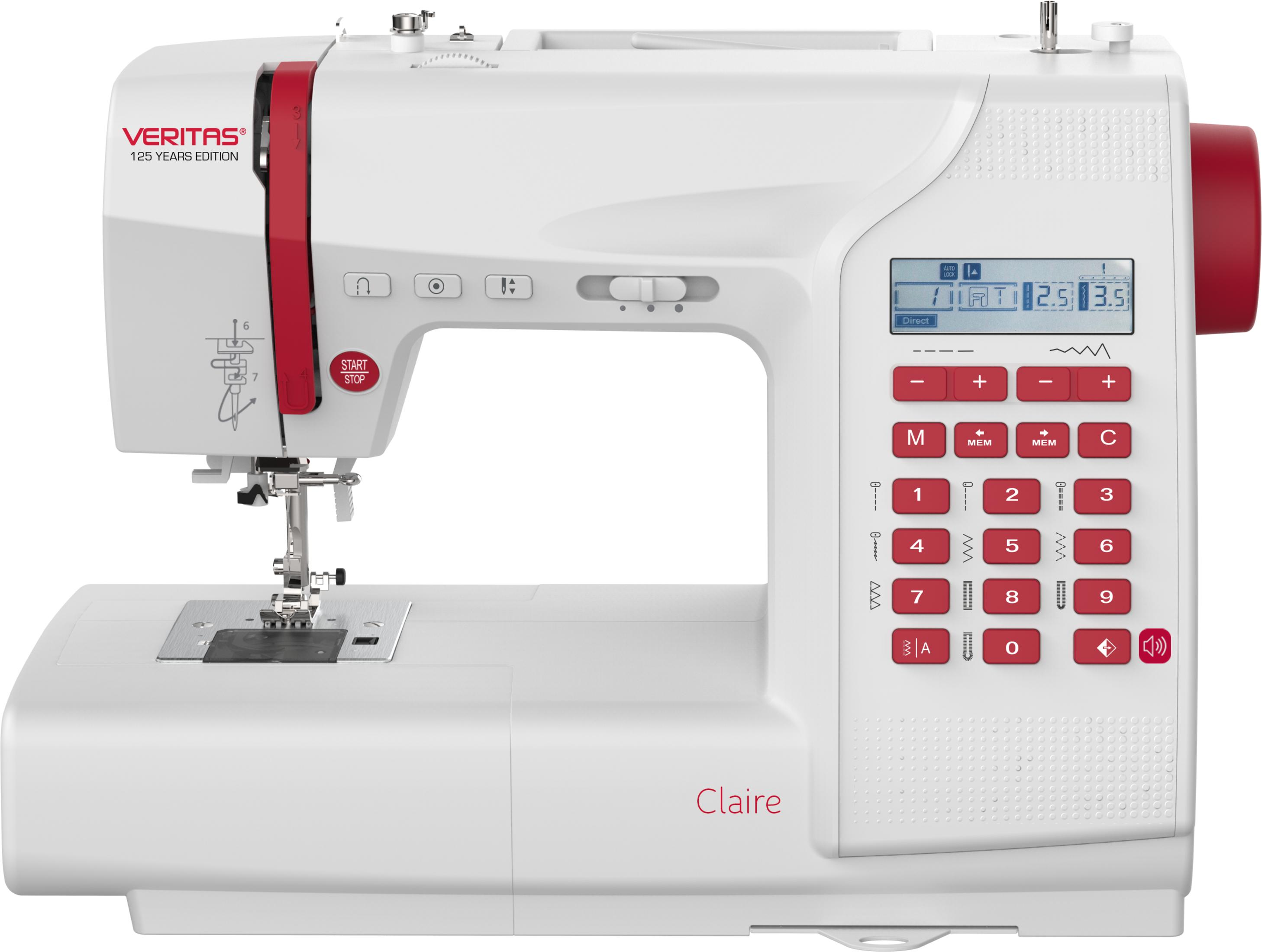 Eine weiße Nähmaschine mit roten Akzenten und einem digitalen Display.