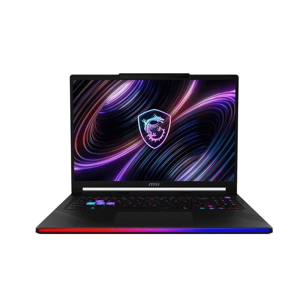 Ekranında renkli MSI logosu ve RGB aydınlatması olan siyah bir MSI oyuncu dizüstü bilgisayarı.