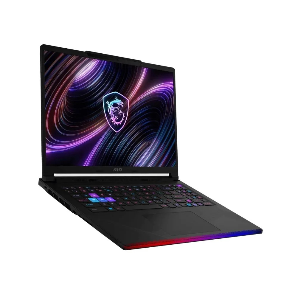 Arkadan aydınlatmalı klavyeli ve ekranda MSI logosu bulunan siyah MSI dizüstü bilgisayar.