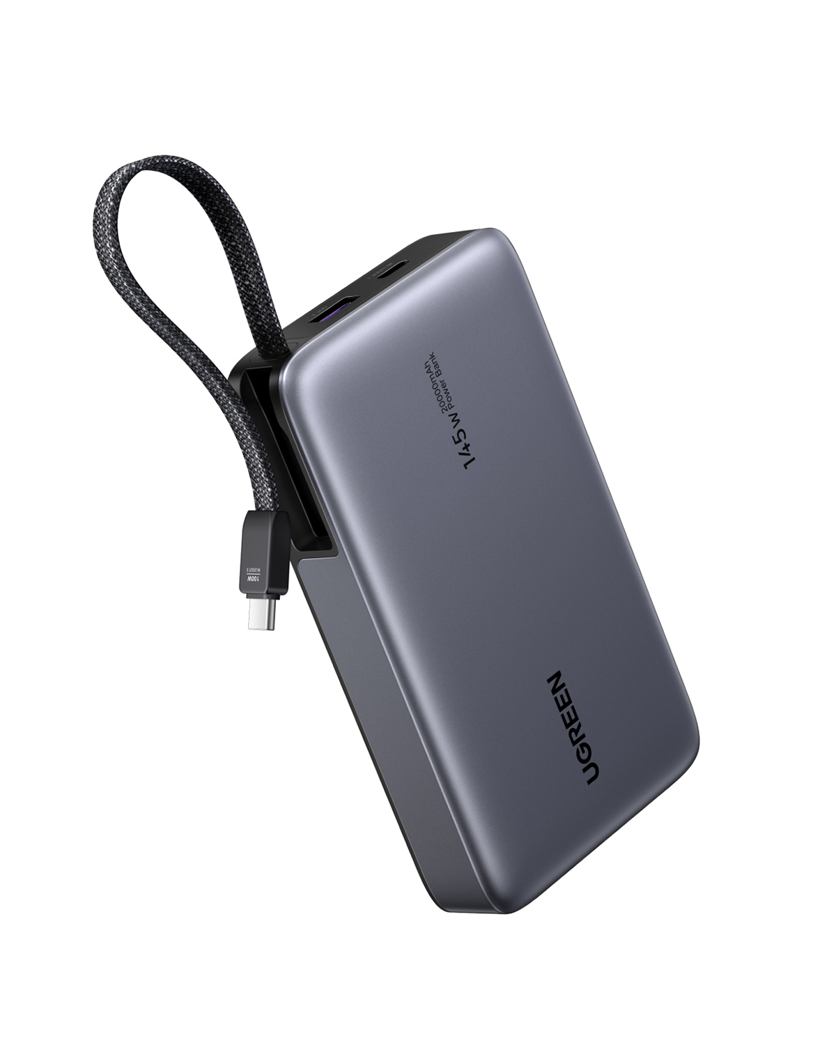 Gri UGREEN powerbank, 20000mAh, 145W, kordonlu ve USB-C kablolu.