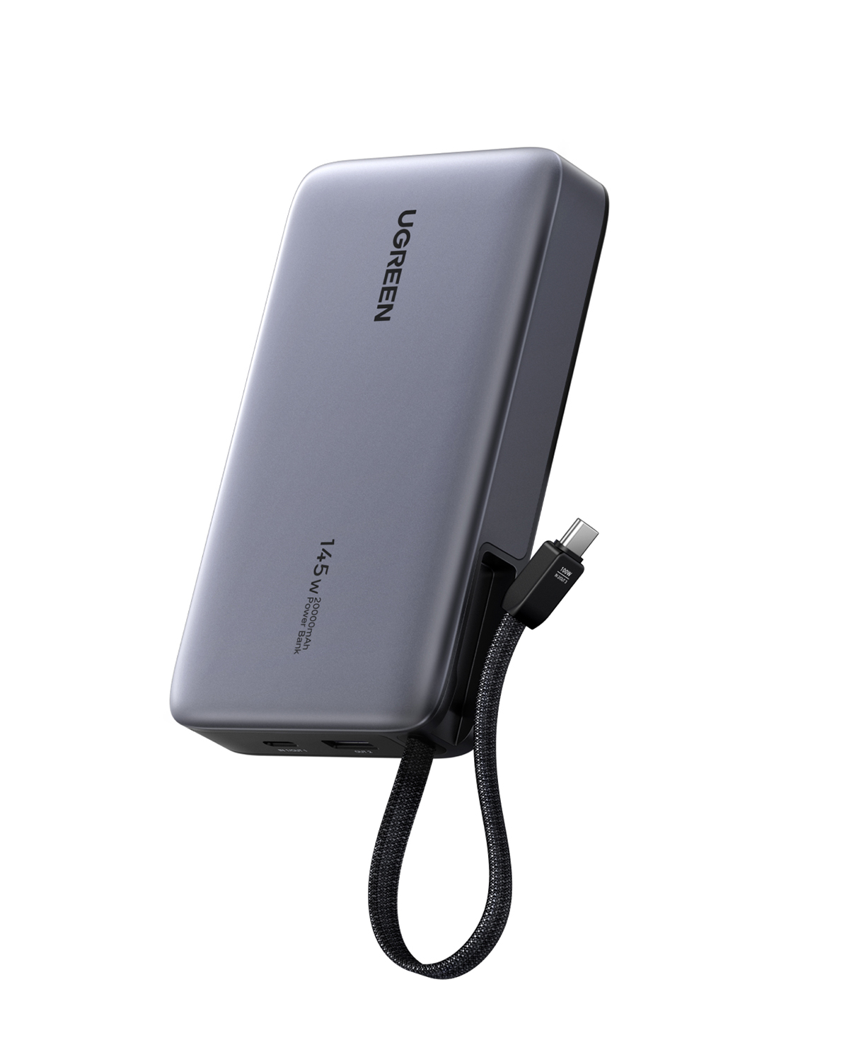 USB-C kablolu ve halkalı gri UGREEN powerbank.