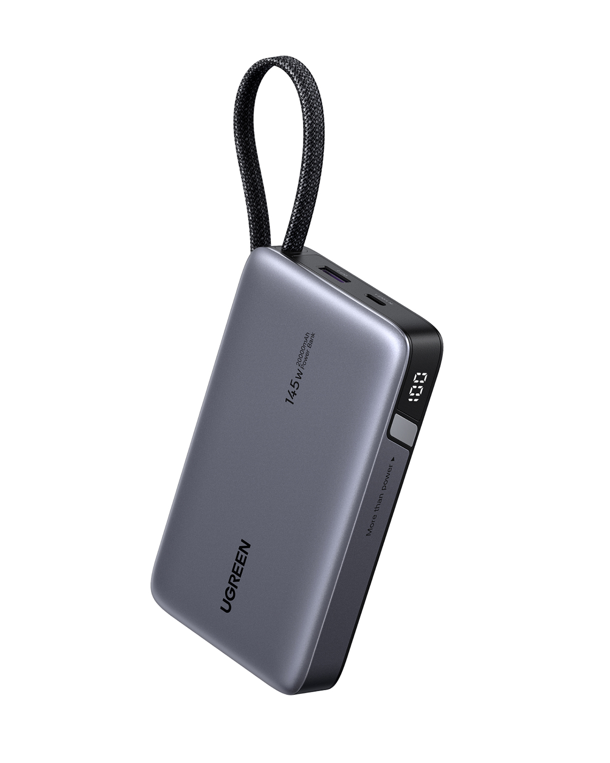 Gri UGREEN powerbank, 20000 mAh, dijital ekran, kumaş halkalı.