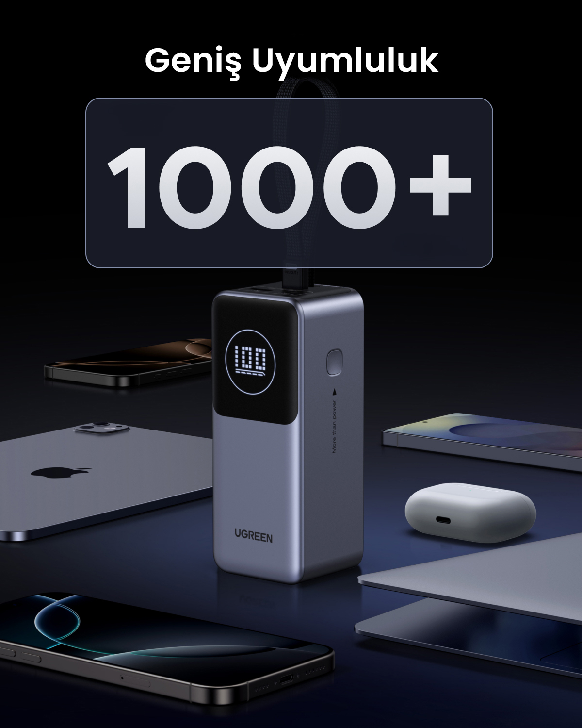 Koyu arka plan üzerinde 1000+ yazılı gri powerbank, çevresinde akıllı telefonlar.