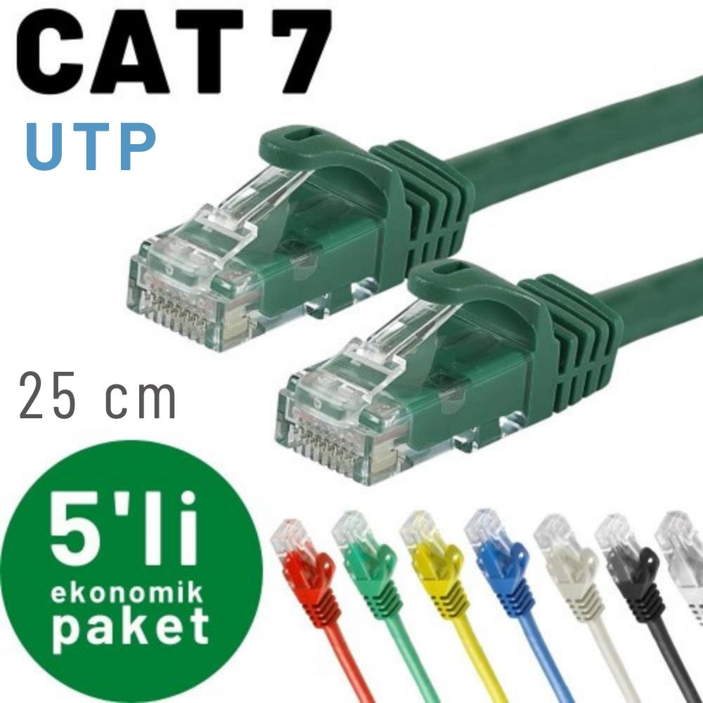 İki yeşil CAT 7 UTP kablo, 25 cm, altta renkli konektörler.