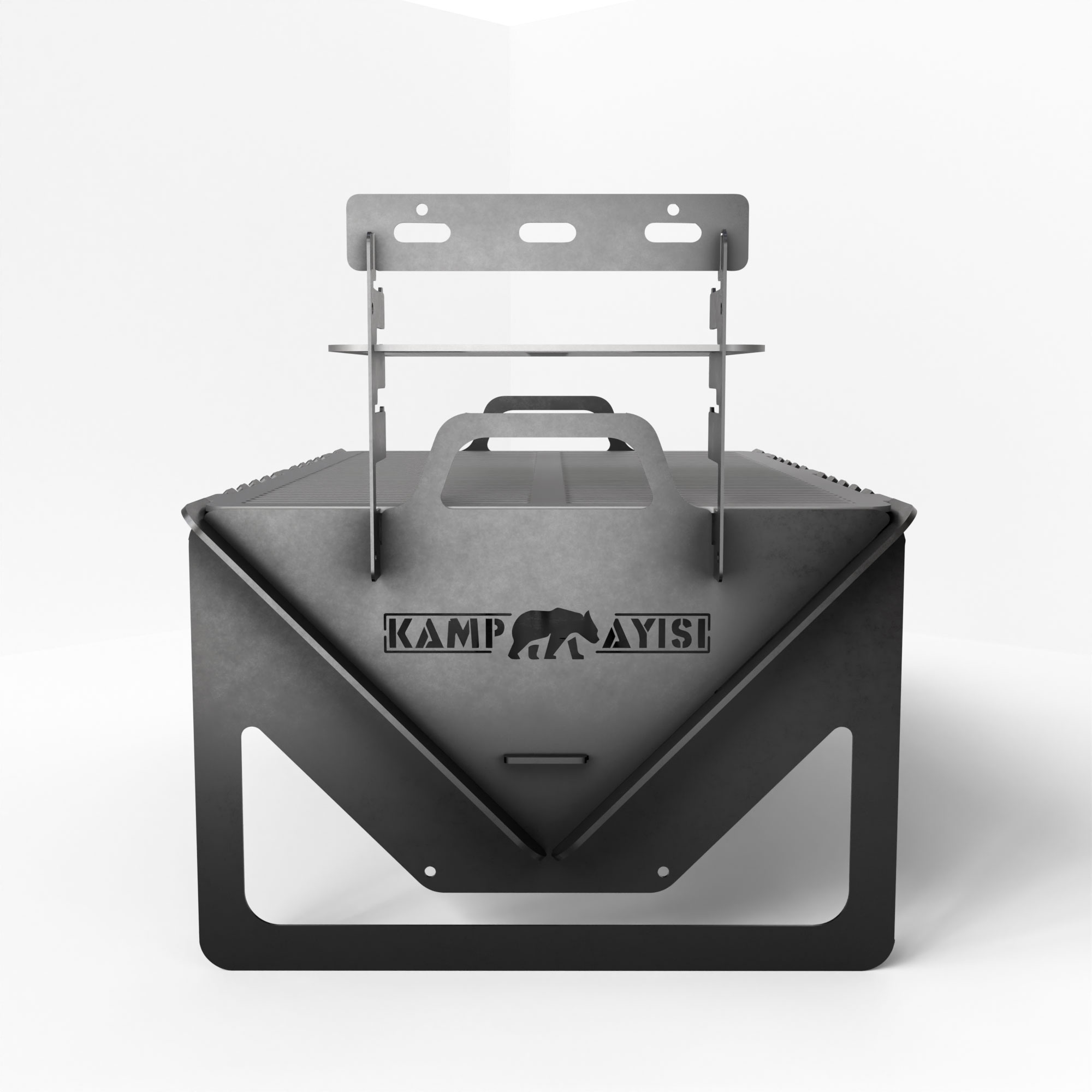 KAMP AYISI logosu ve ayı motifi bulunan gri, taşınabilir mangal.