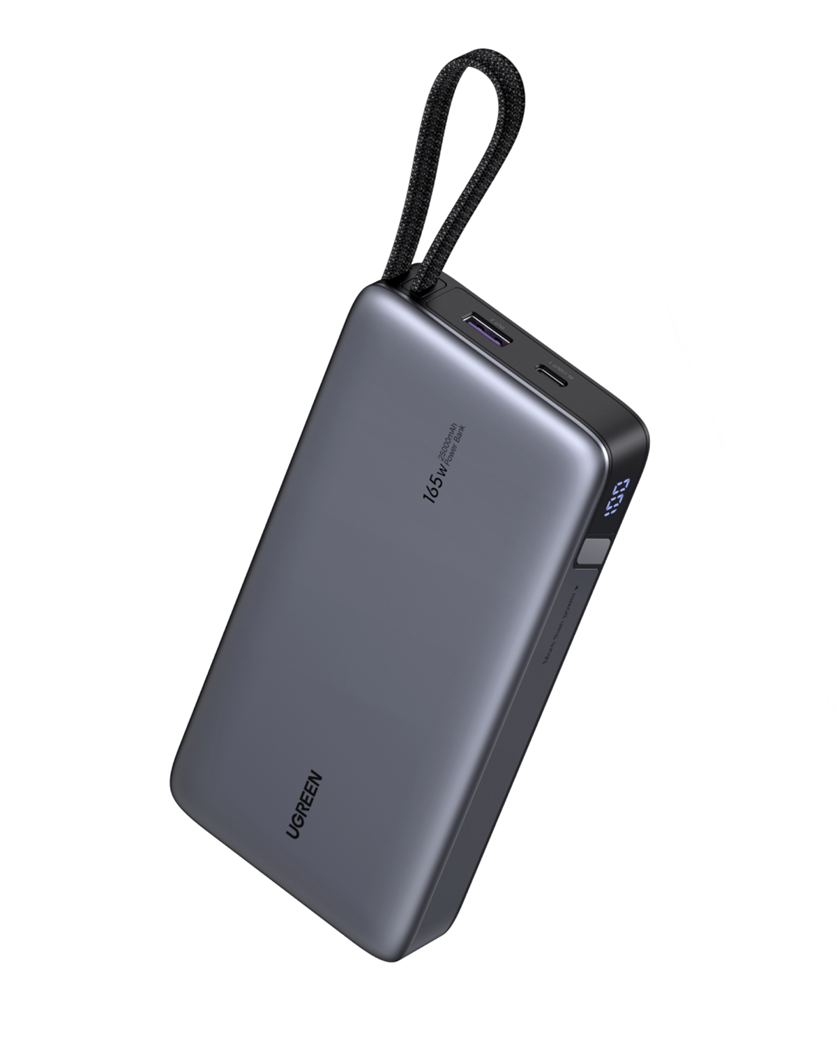 25000mAh, 165W, USB-C portlu ve dijital ekranlı gri UGREEN powerbank.