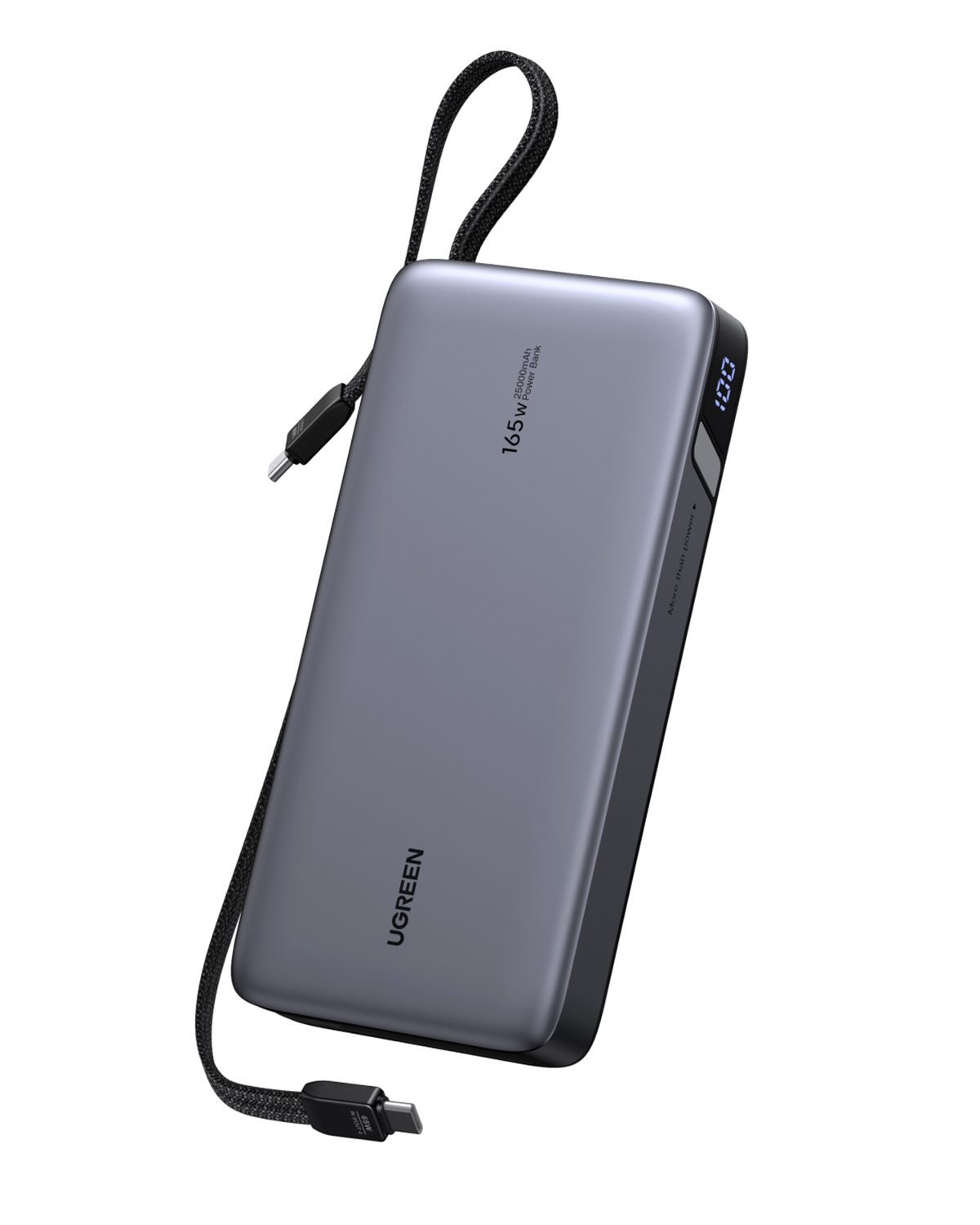 Gri UGREEN powerbank, 25000mAh, 165W, şarj göstergeli.