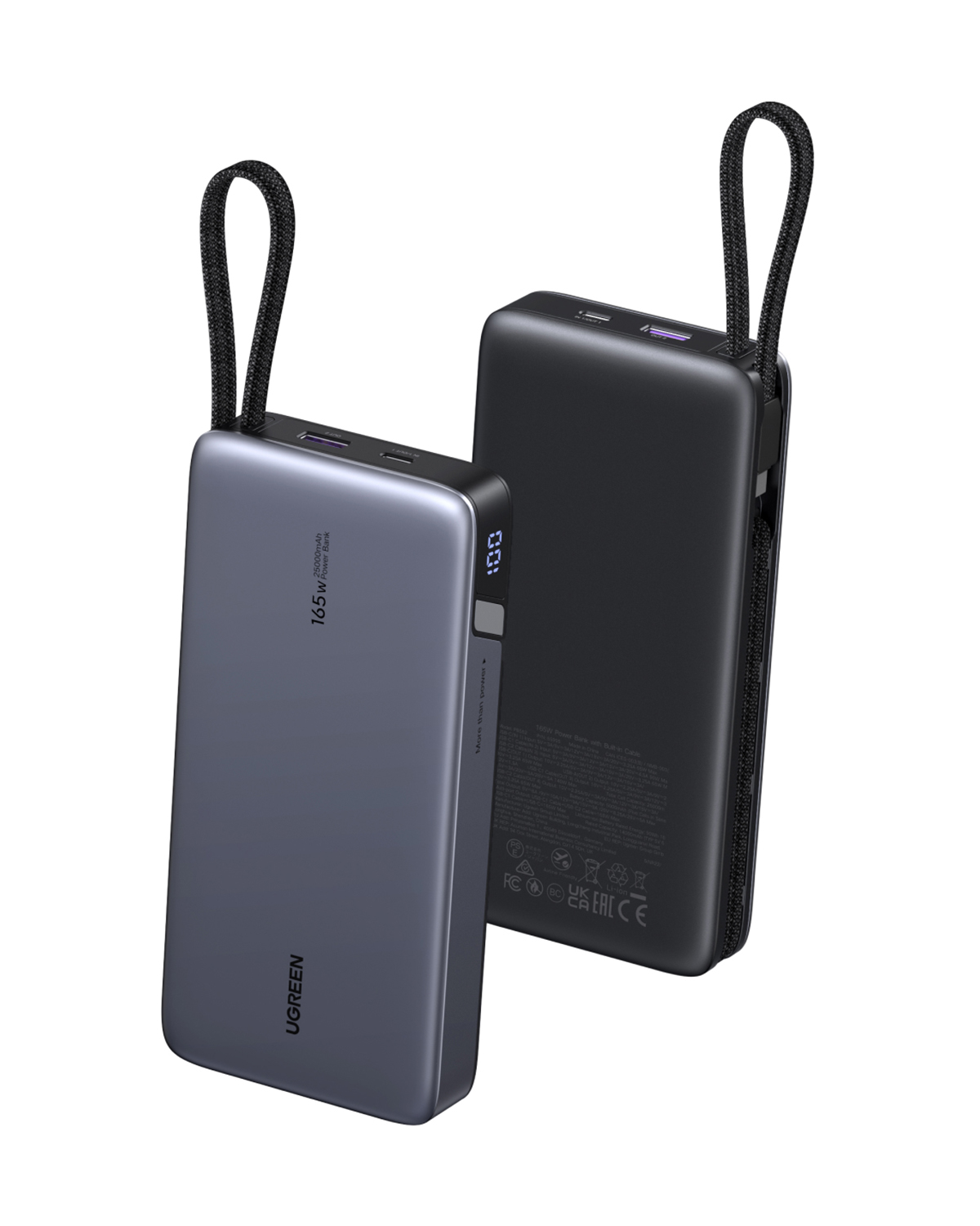 İki UGREEN powerbank, biri koyu gri, diğeri siyah, kumaş kordonlu ve dijital ekranlı.