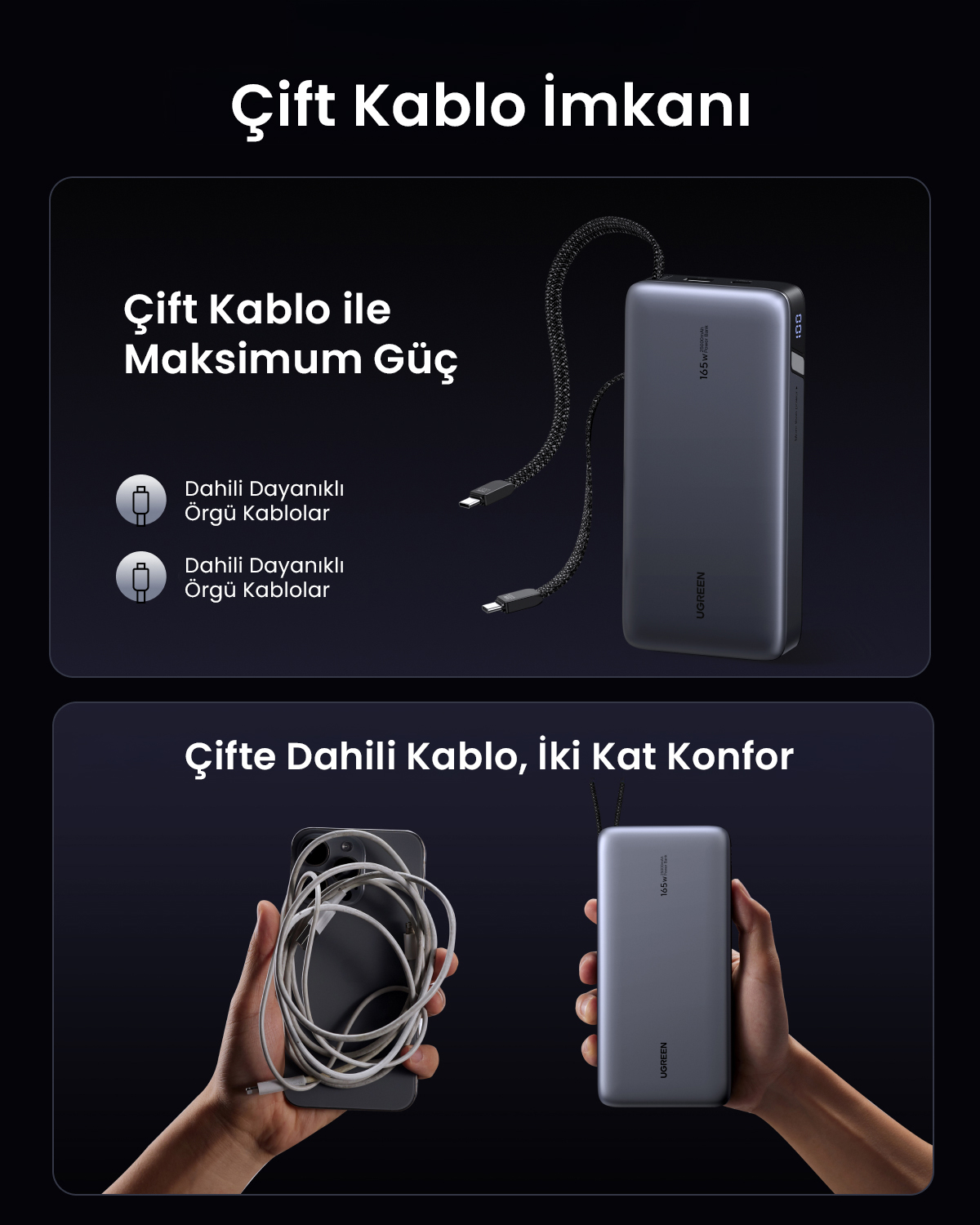 İki örgülü kablolu gri powerbank ve kablolu bir telefon.