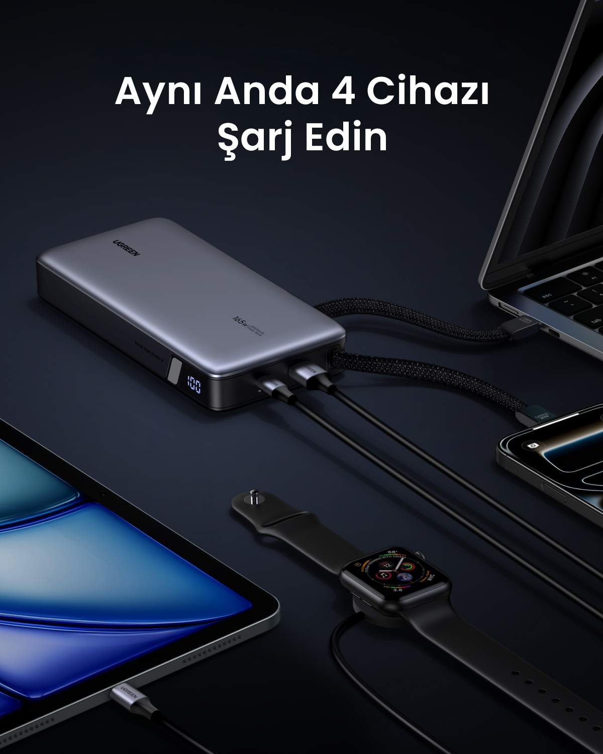 Gri UGREEN powerbank dizüstü, tablet, akıllı telefon ve akıllı saat şarj ediyor.