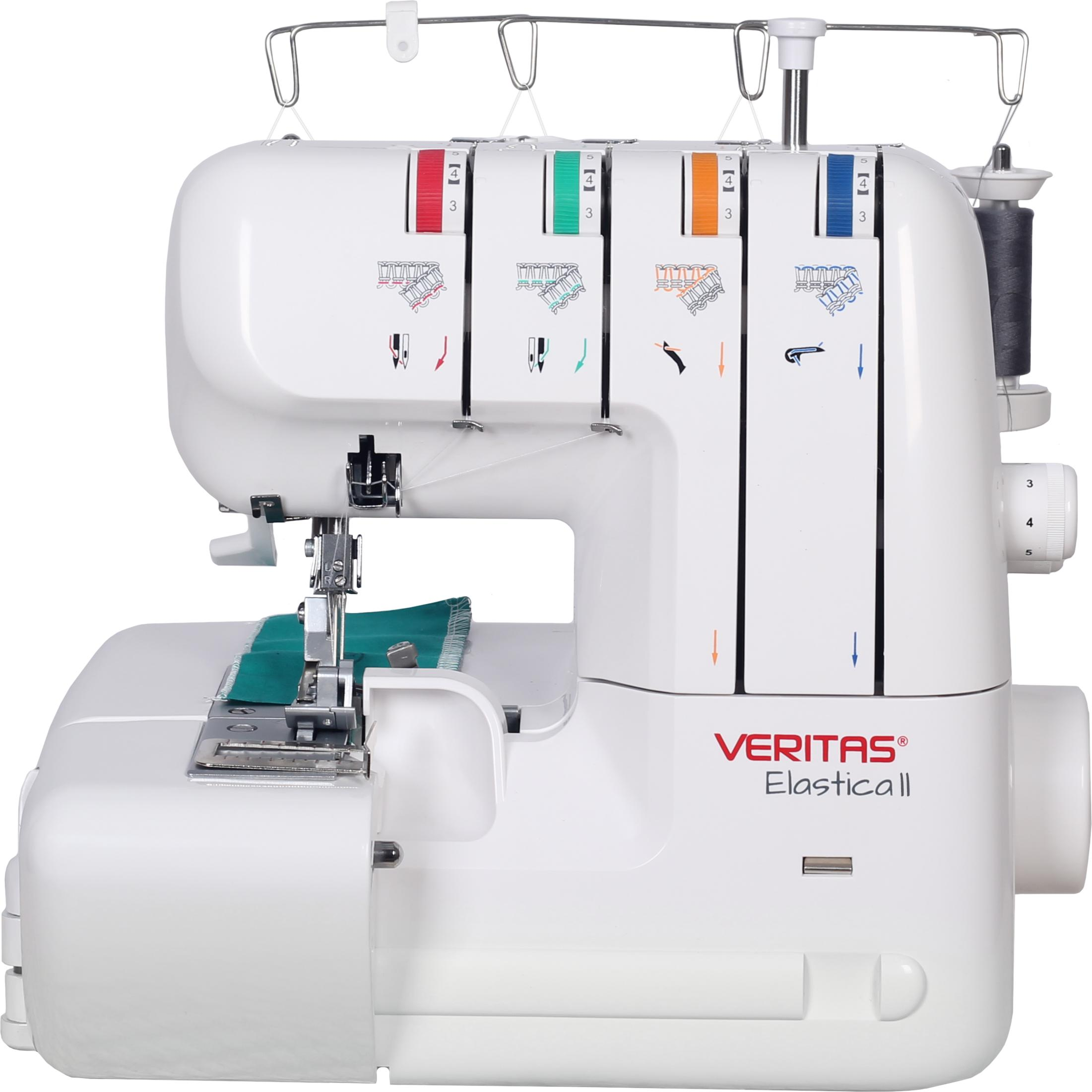 Eine weiße Overlock-Nähmaschine mit grünen Stoffresten unter dem Nähfuß.