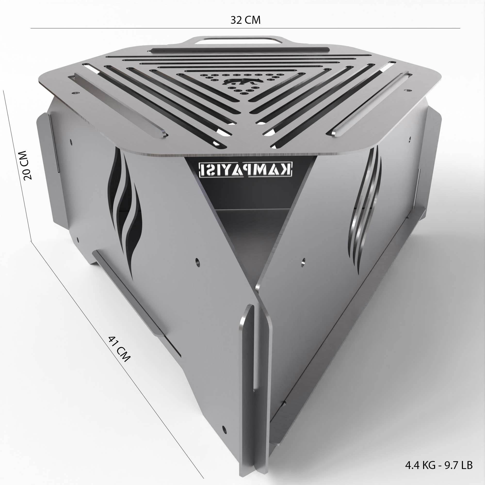 Gümüş, üçgen metal odun sobası havalandırma delikleri ve tutamaklı.