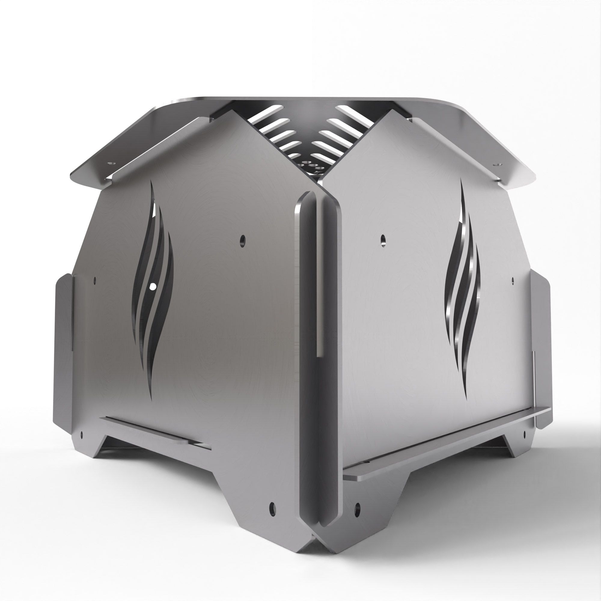 Alev kesimli ve çıtalı tasarımlı modern, gümüş metal ateş çukuru.