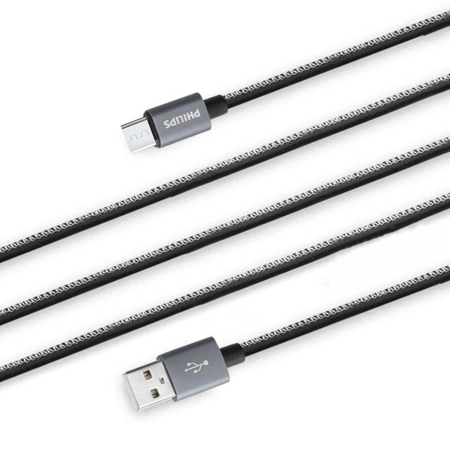 Beyaz zeminde siyah Philips USB-C ve USB-A şarj kabloları.