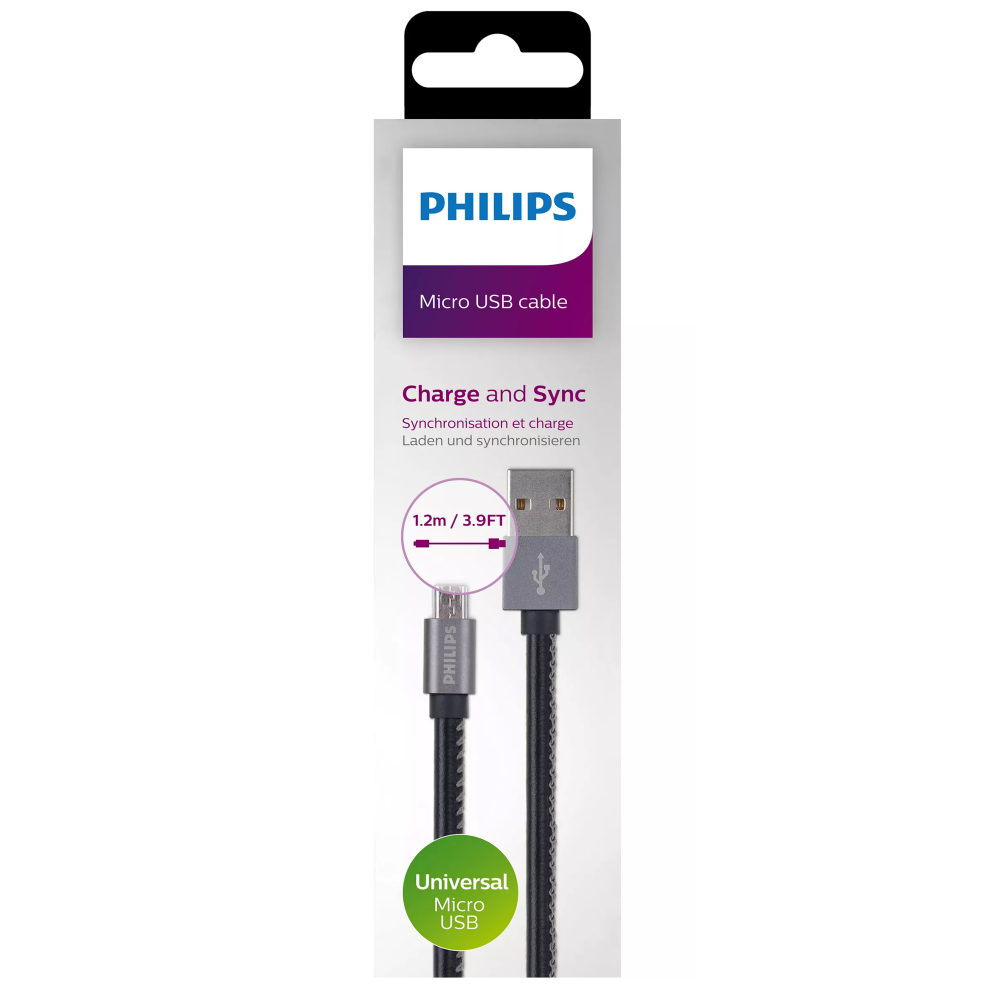 Philips Micro USB kablosu, 1.2m, siyah, USB-A ve Micro-USB konektörlü.