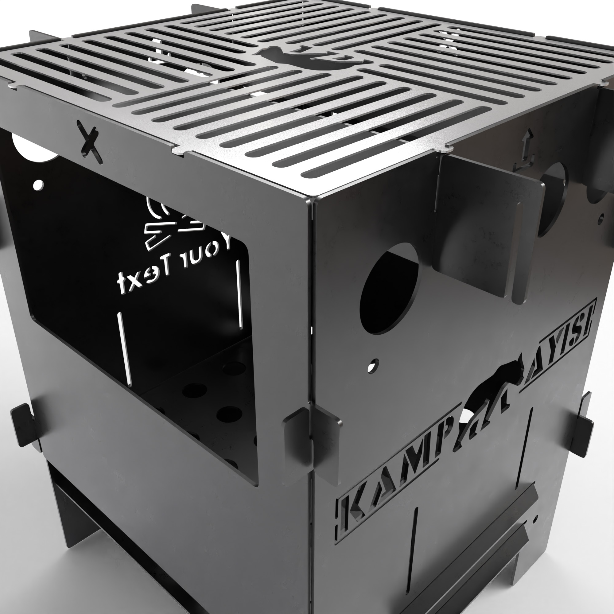 Hayvan kesikli, havalandırma delikli siyah metal ızgara.
