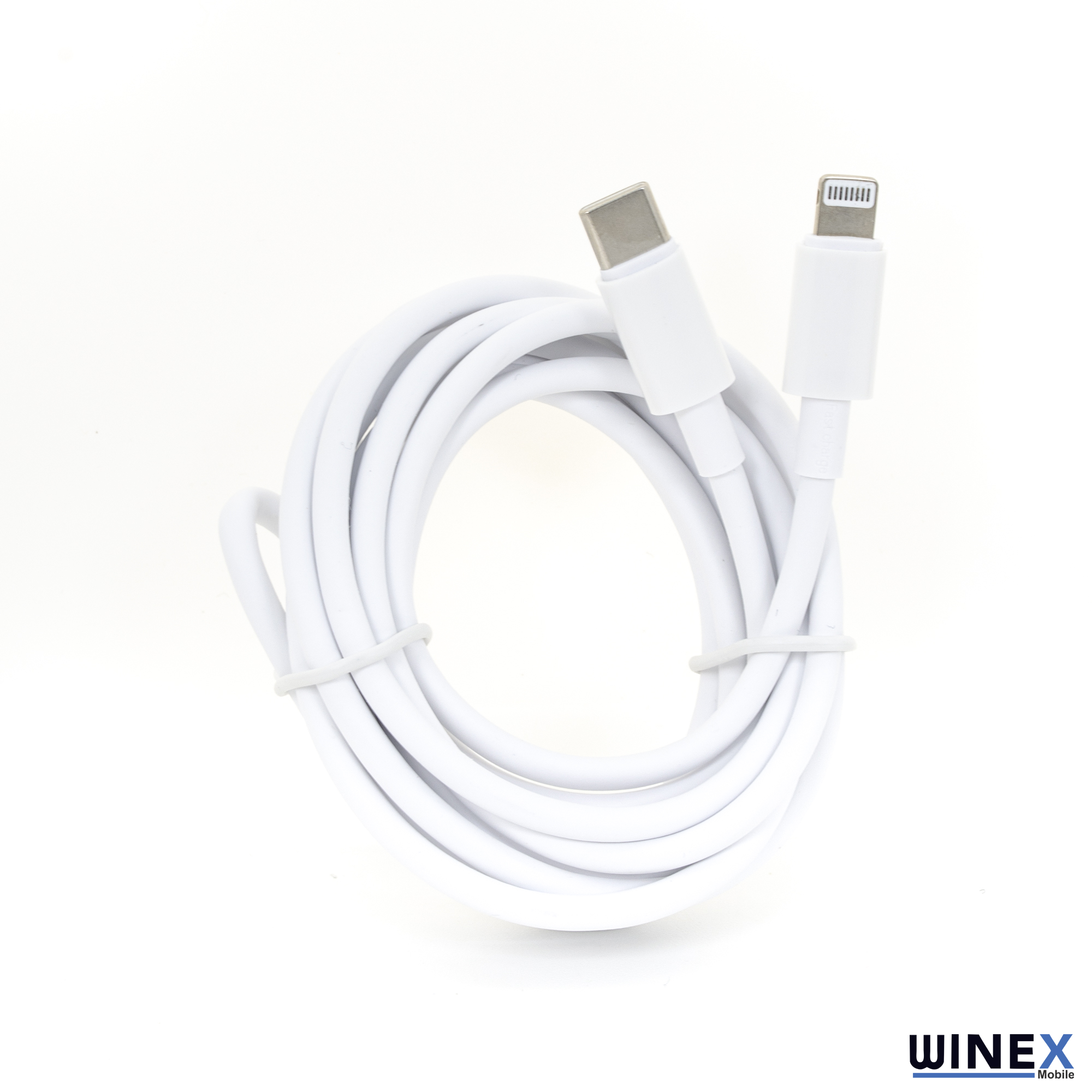 Gümüş konektörlü, beyaz USB-C - Lightning kablosu, sarılı.