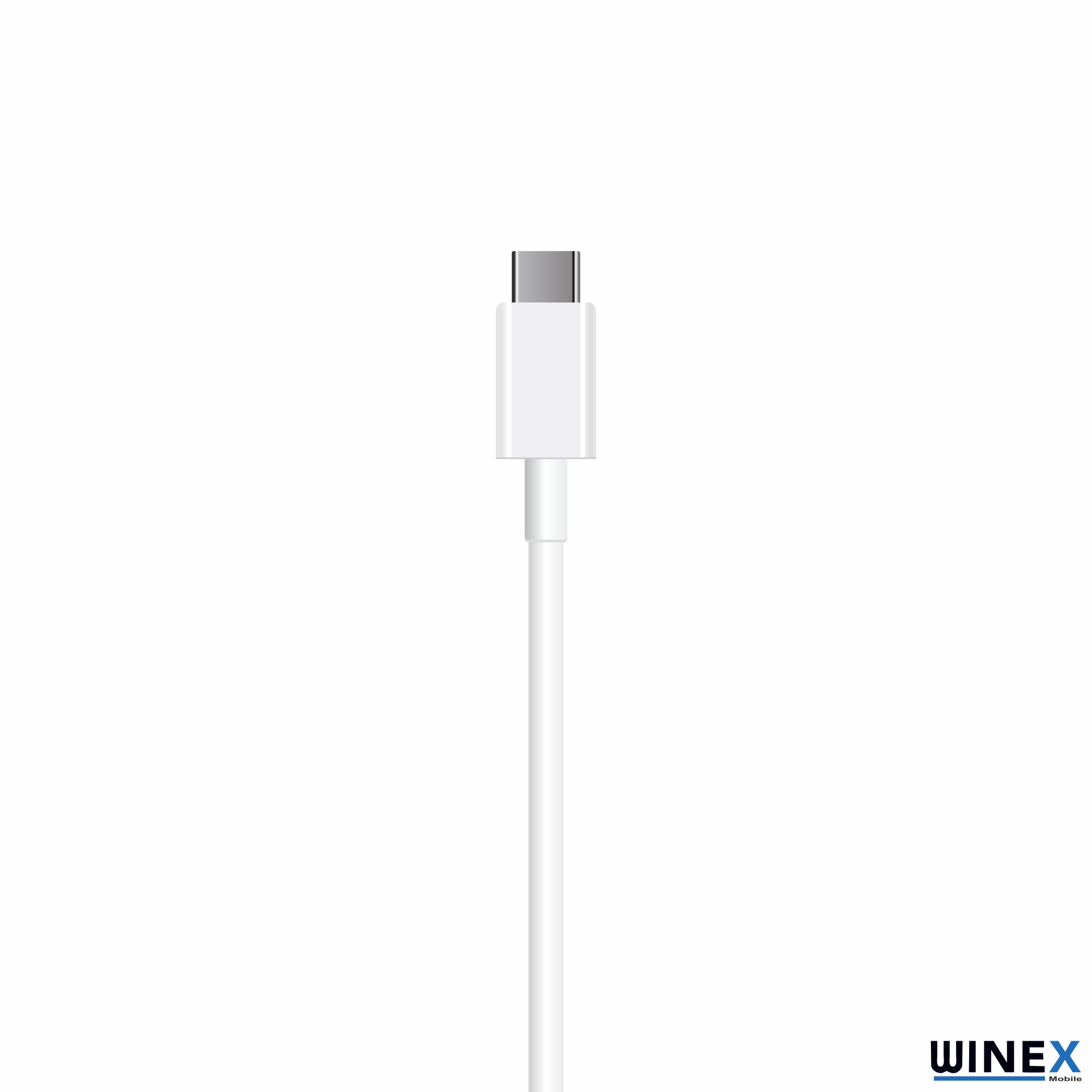 Gümüş konektörlü beyaz USB-C kablosu, beyaz arka plan üzerinde.