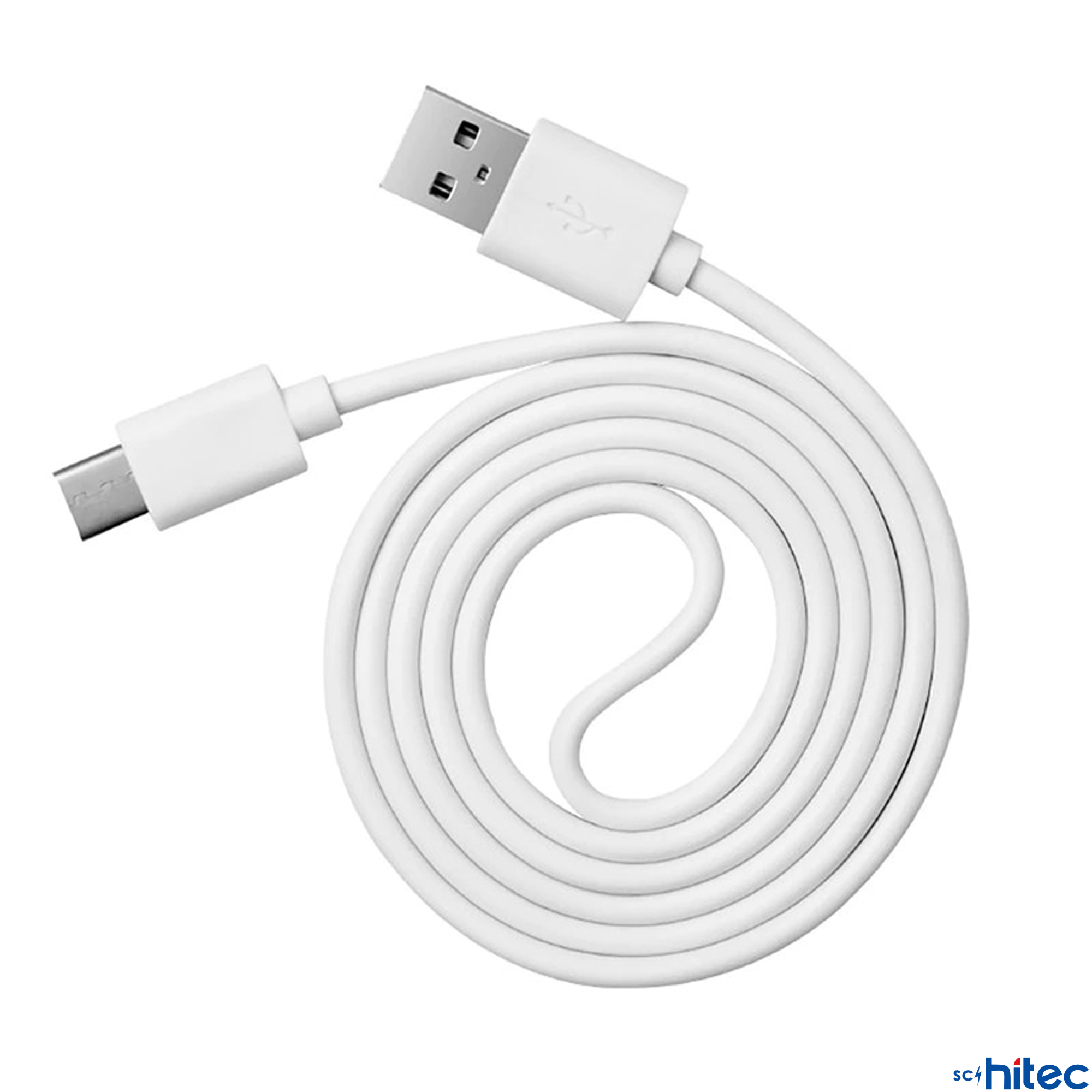 Beyaz USB-C - USB-A kablosu, beyaz zeminde rulo yapılmış.