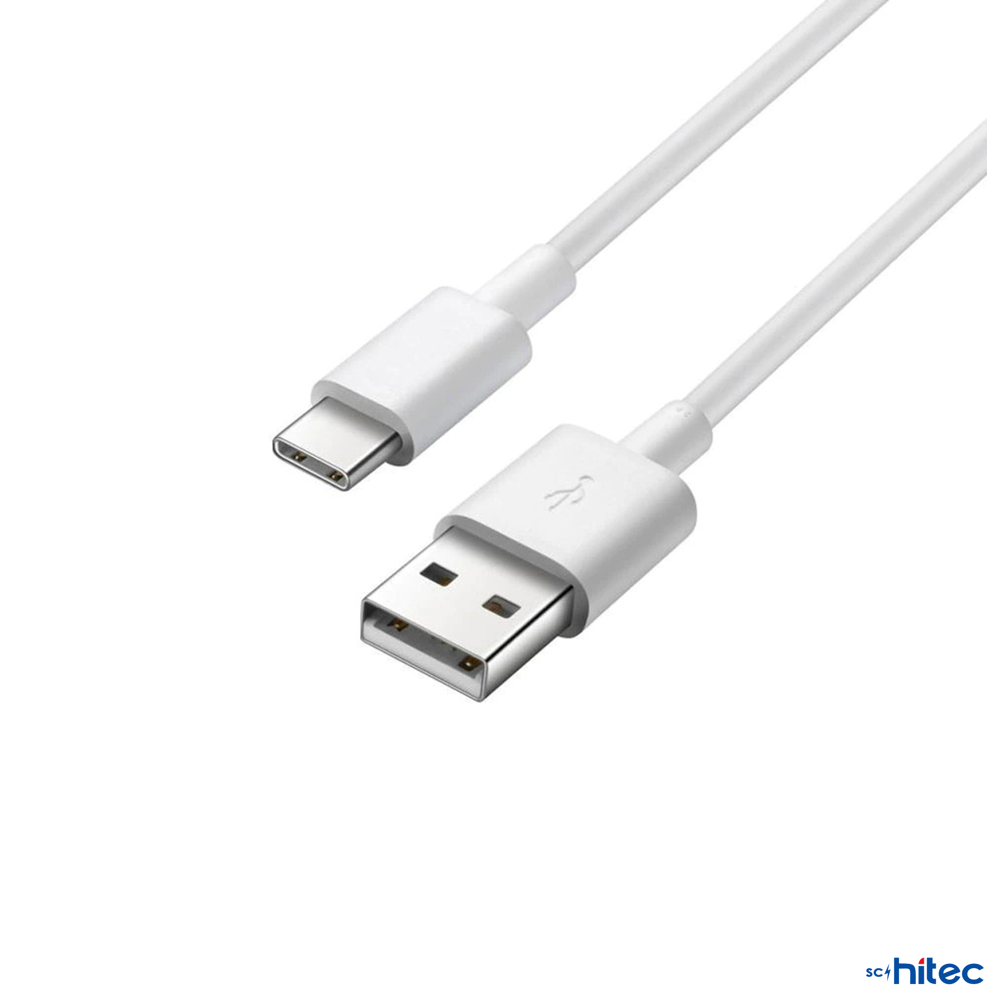 Gümüş konektörlü beyaz bir USB-C - USB-A kablosu.