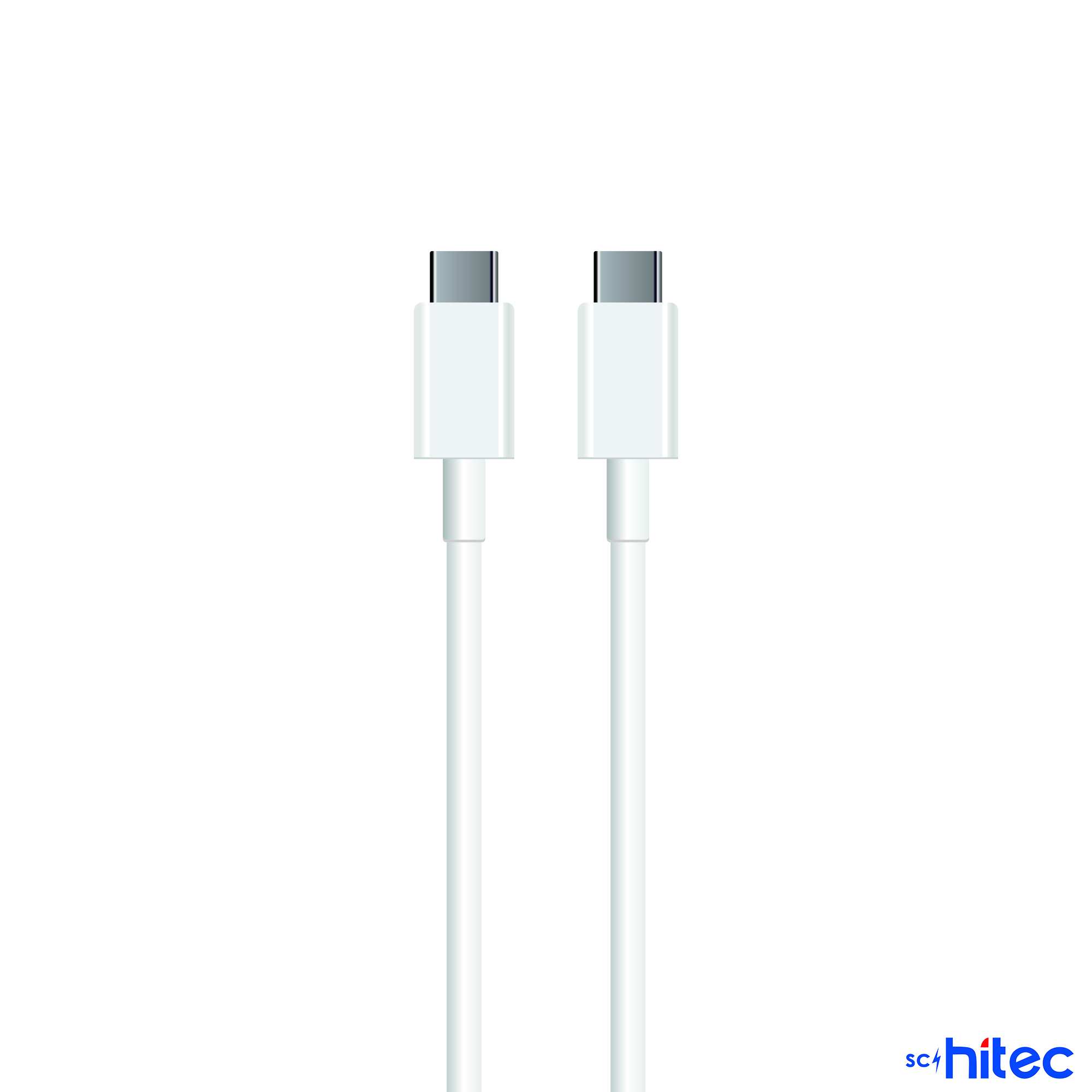 Beyaz arka plan üzerinde gümüş konektörlü iki beyaz USB-C kablosu.
