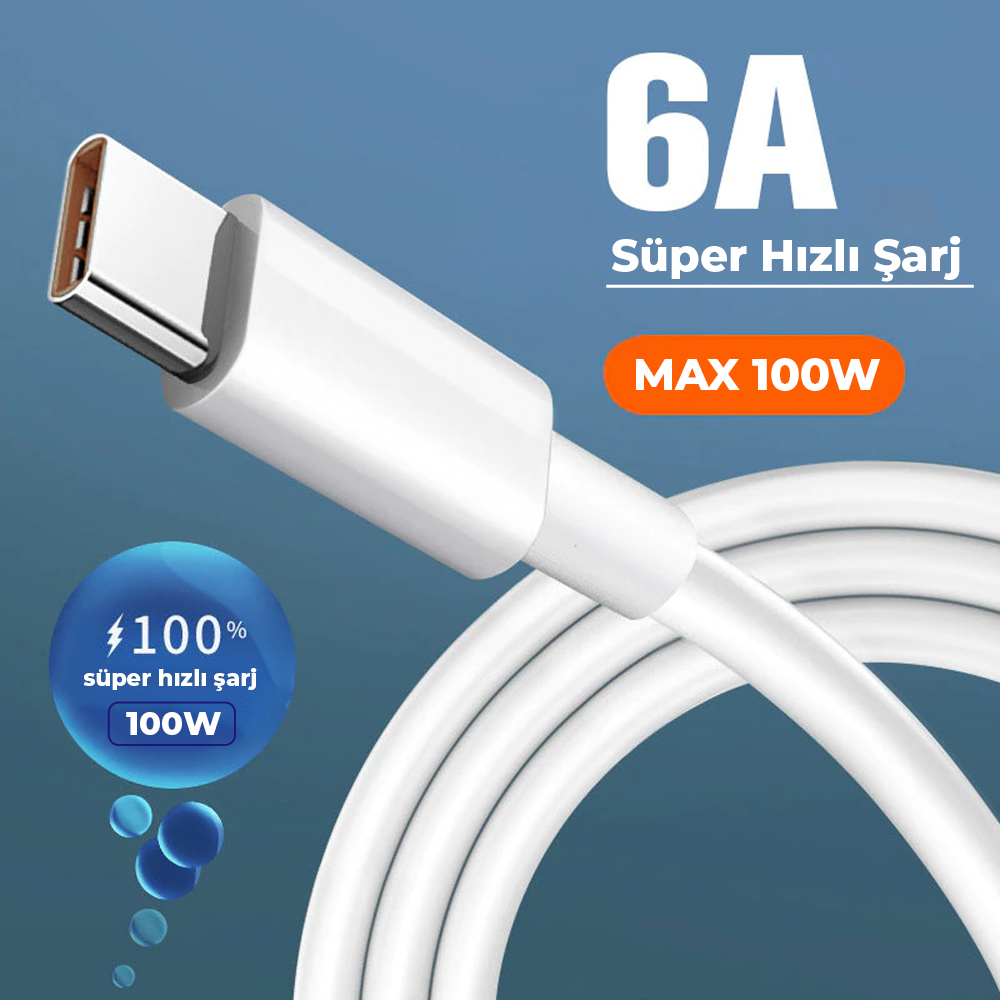 Hızlı şarj için beyaz USB-C kablosu. 6A, maks. 100W. %100 şarj ikonlu mavi daire.