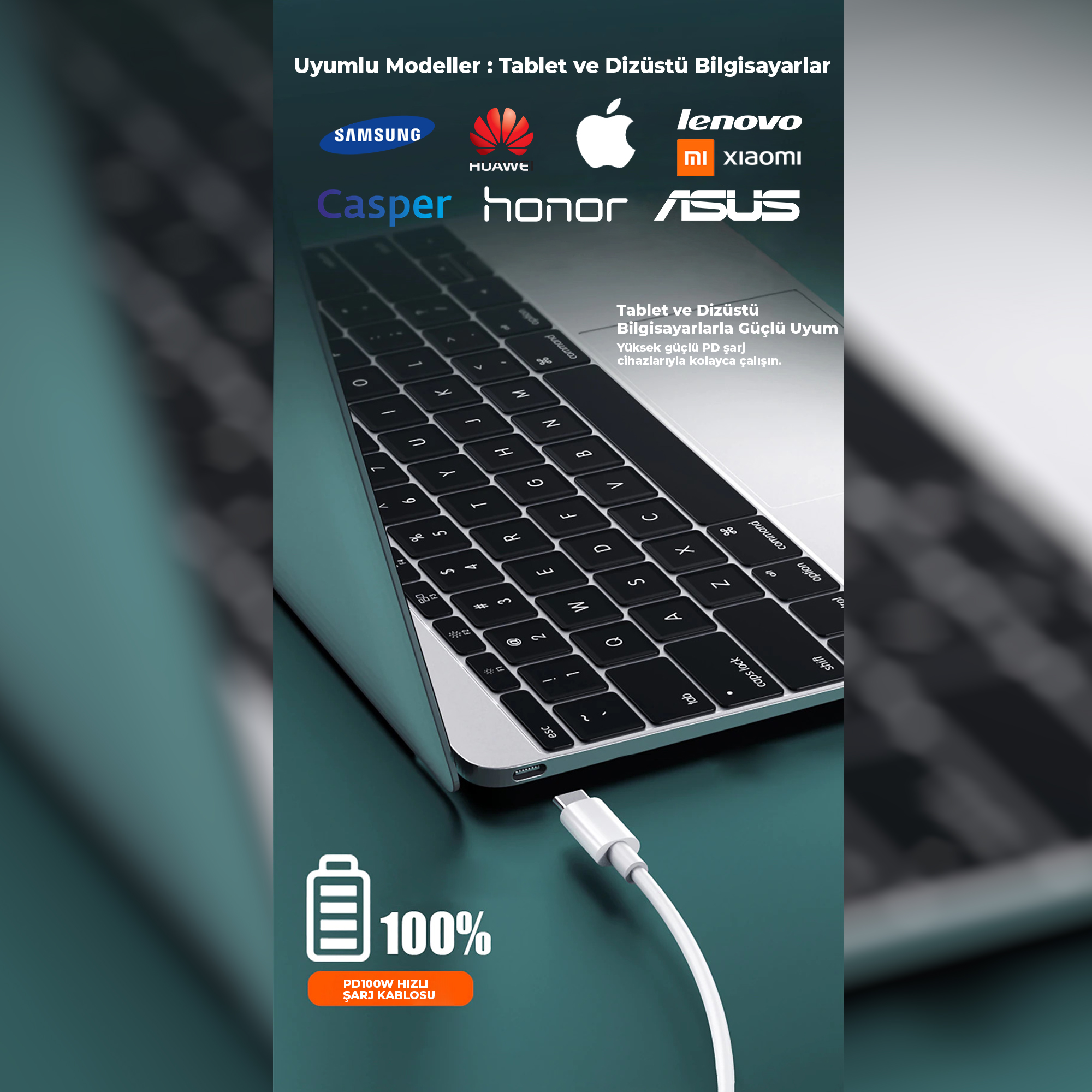 Portuna beyaz USB-C kablosu bağlı bir dizüstü bilgisayar. Marka logoları görünür.