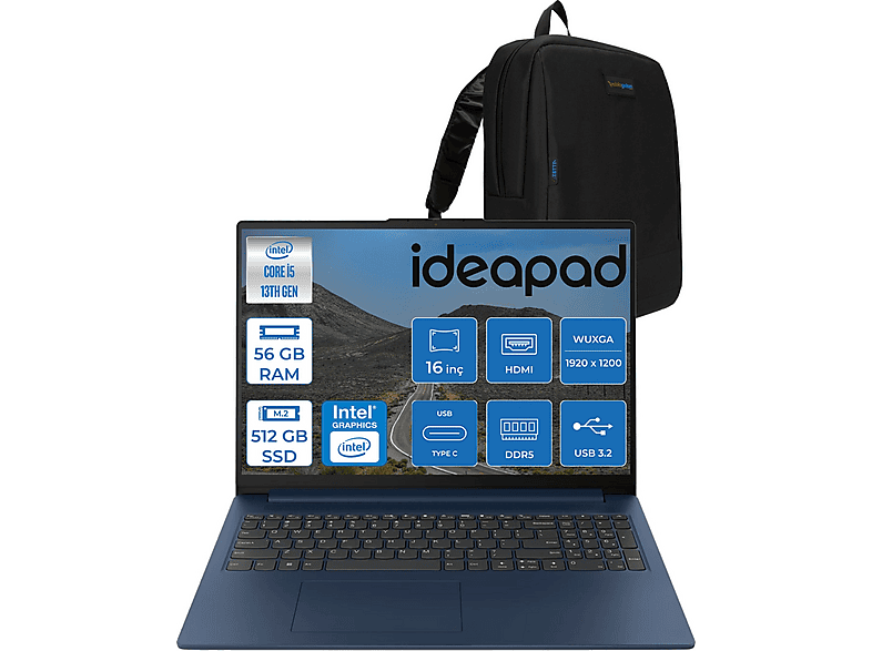 LENOVO IdeaPad Slim 3 16IRH10 WUXGA IPS 300NITS 83K2001RTRF10 Intel Core i5-13420H 56 GB RAM 512 GB SSD 16 inç FreeDOS Laptop+Çanta Mavi