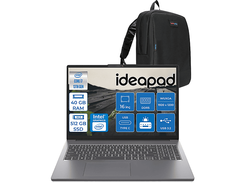 LENOVO IdeaPad Slim 3 16IRH10 WUXGA IPS 300nits 83K2001VTRF07 Intel Core i7-13620H 40 GB RAM 512 GB SSD 16 inç FreeDOS Laptop+Çanta Gri