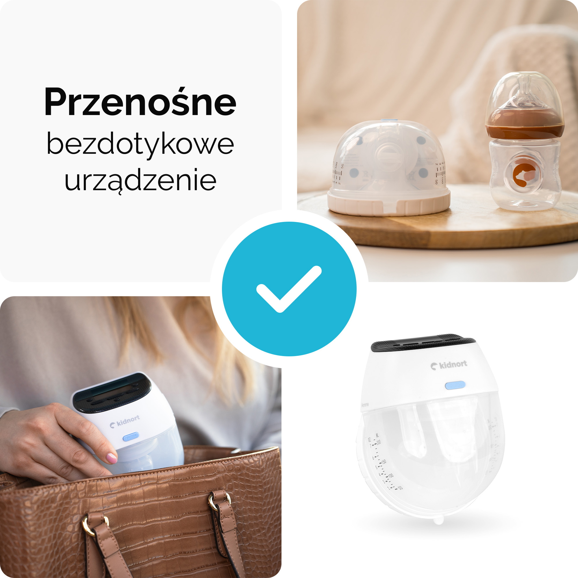 Kolaż przenośnego, bezdotykowego urządzenia. Zawiera butelkę i pojemnik.