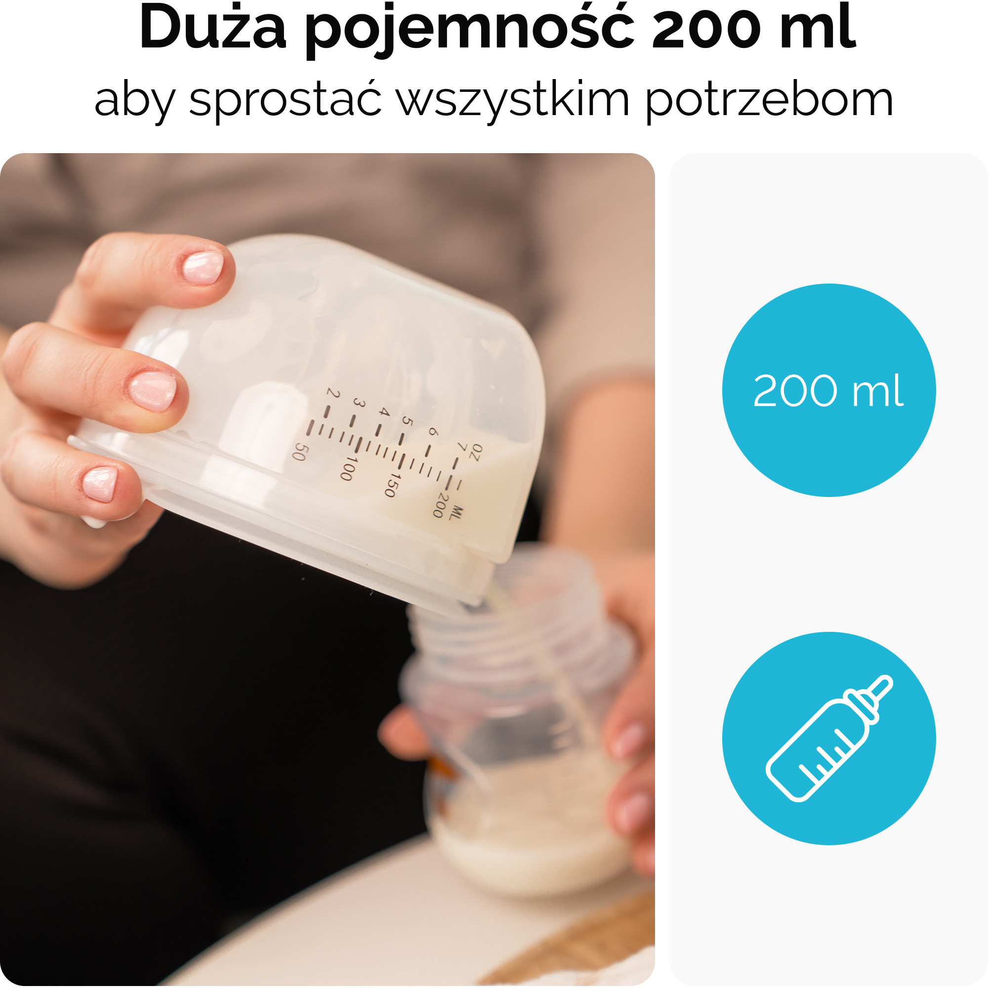 Ręce przelewające płyn z kubeczka z miarką do butelki.