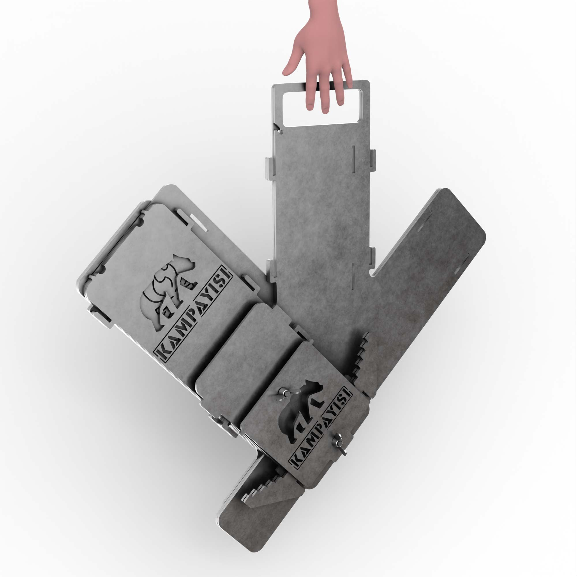 Bir kişi, ayı logolu ve yazılı gri metal cihazın tutamağını tutuyor.