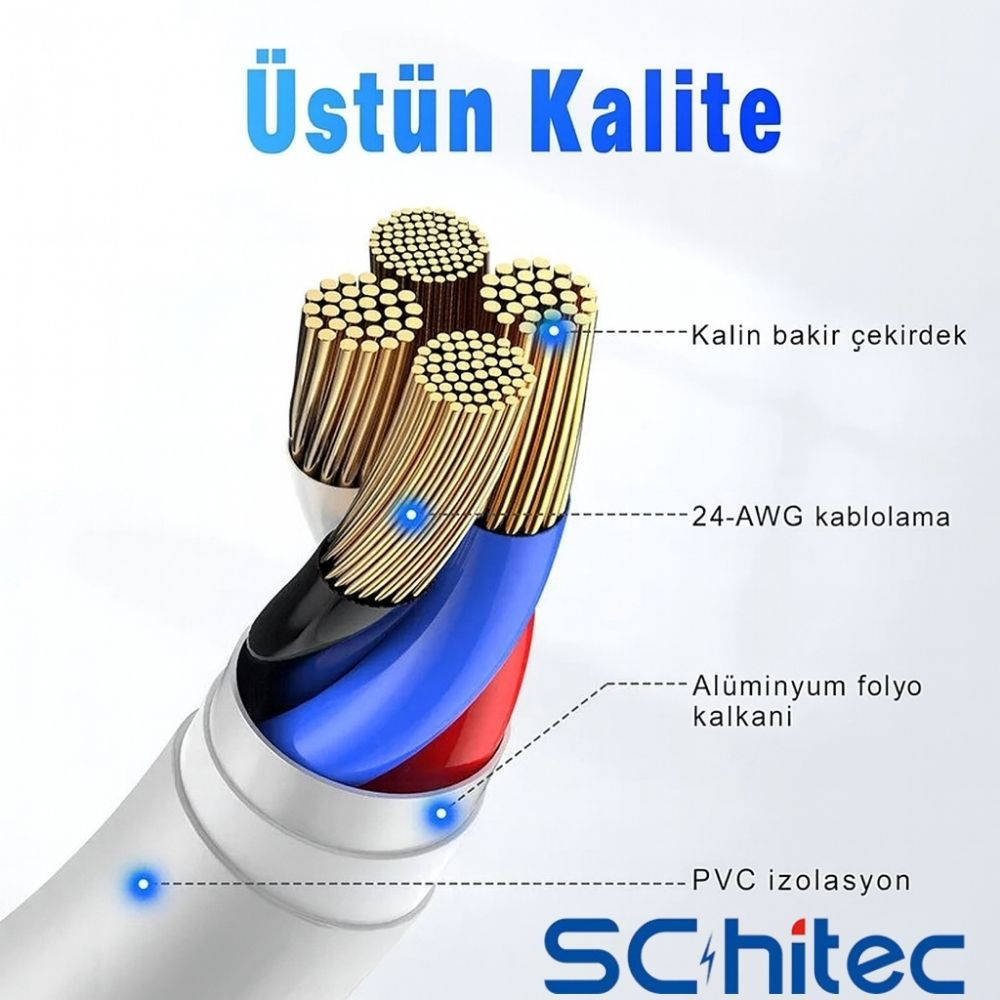 Kablo kesiti: kalın bakır çekirdek, 24 AWG, alüminyum folyo, PVC izolasyon.