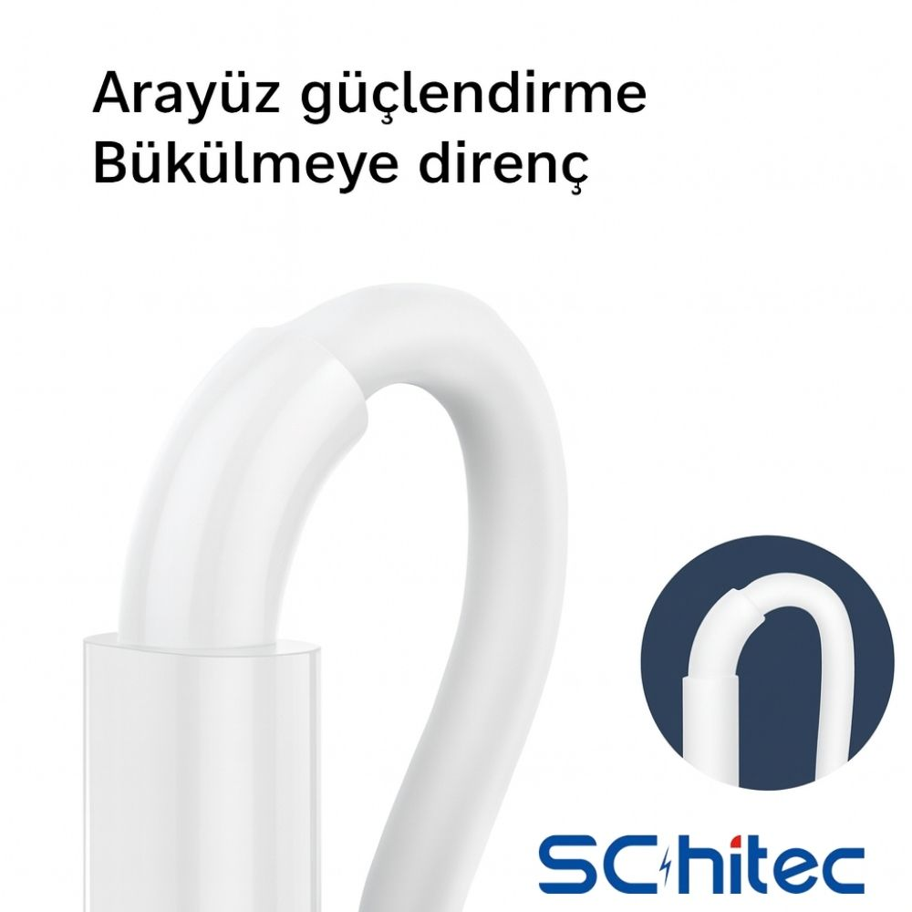Metin ve logolu beyaz kablo bükümü.