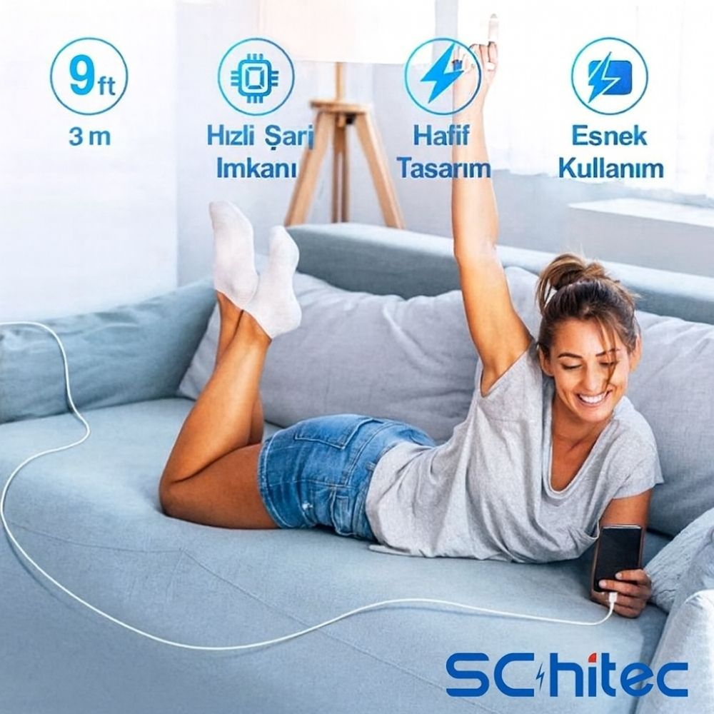 Kadın koltukta telefon şarj ediyor, 9ft/3m kablo, hızlı şarj, hafif tasarım.