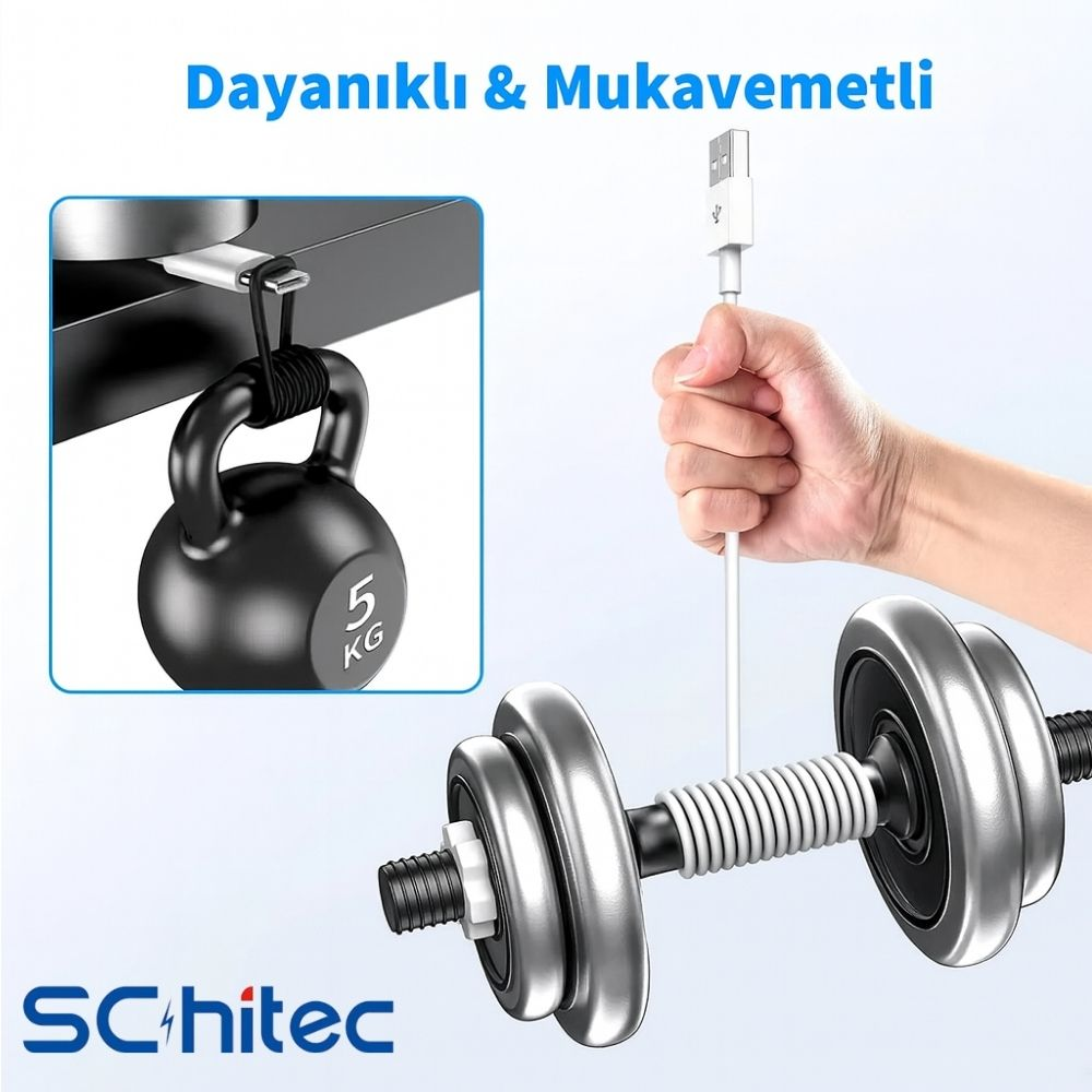 Bir kablo 5 kg'lık kettlebell ve dambıl tutuyor. Güçlü ve dayanıklı.