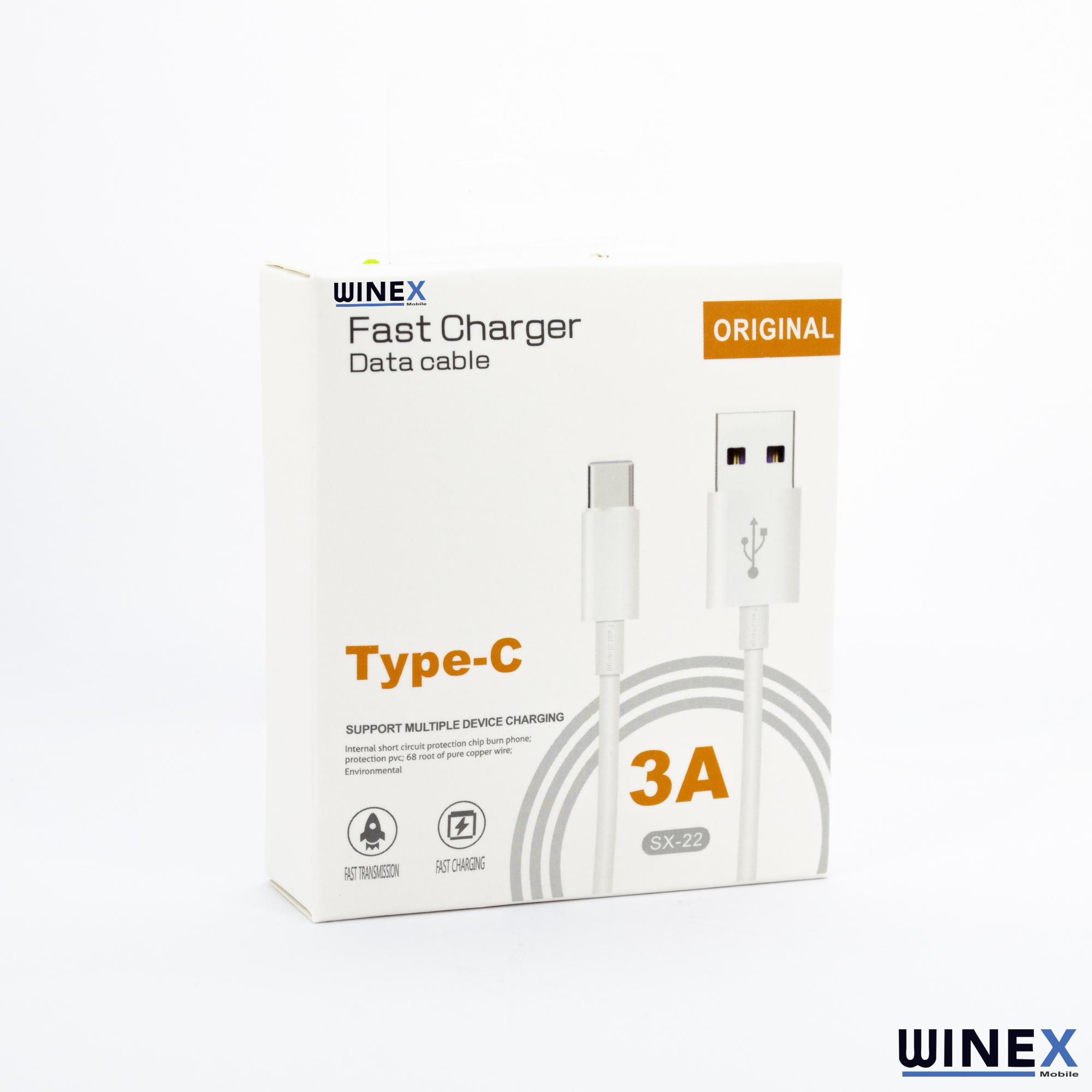 WINEX Type-C hızlı şarj cihazı ve veri kablosu ambalajı, USB-A konektörlü, 3A.