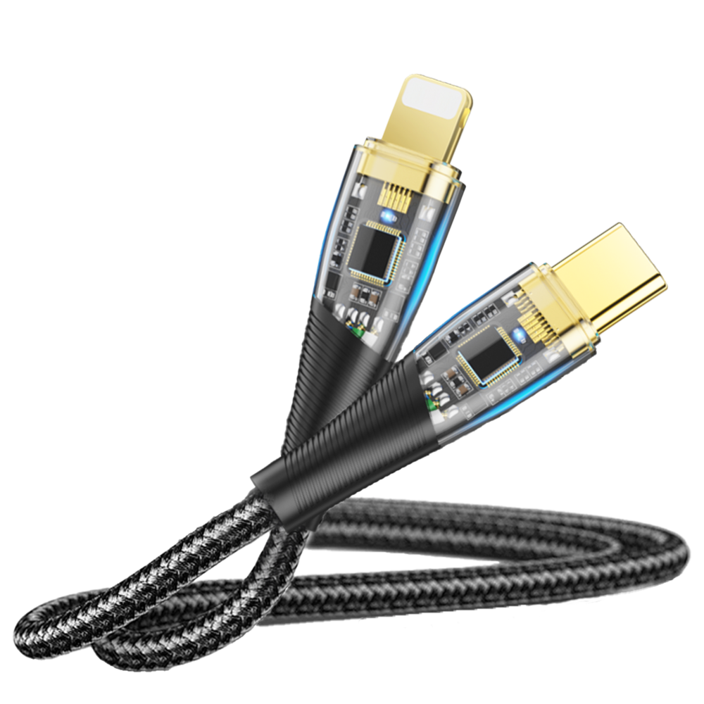Şeffaf konektörlü siyah ve gümüş USB-C - Lightning kablosu.