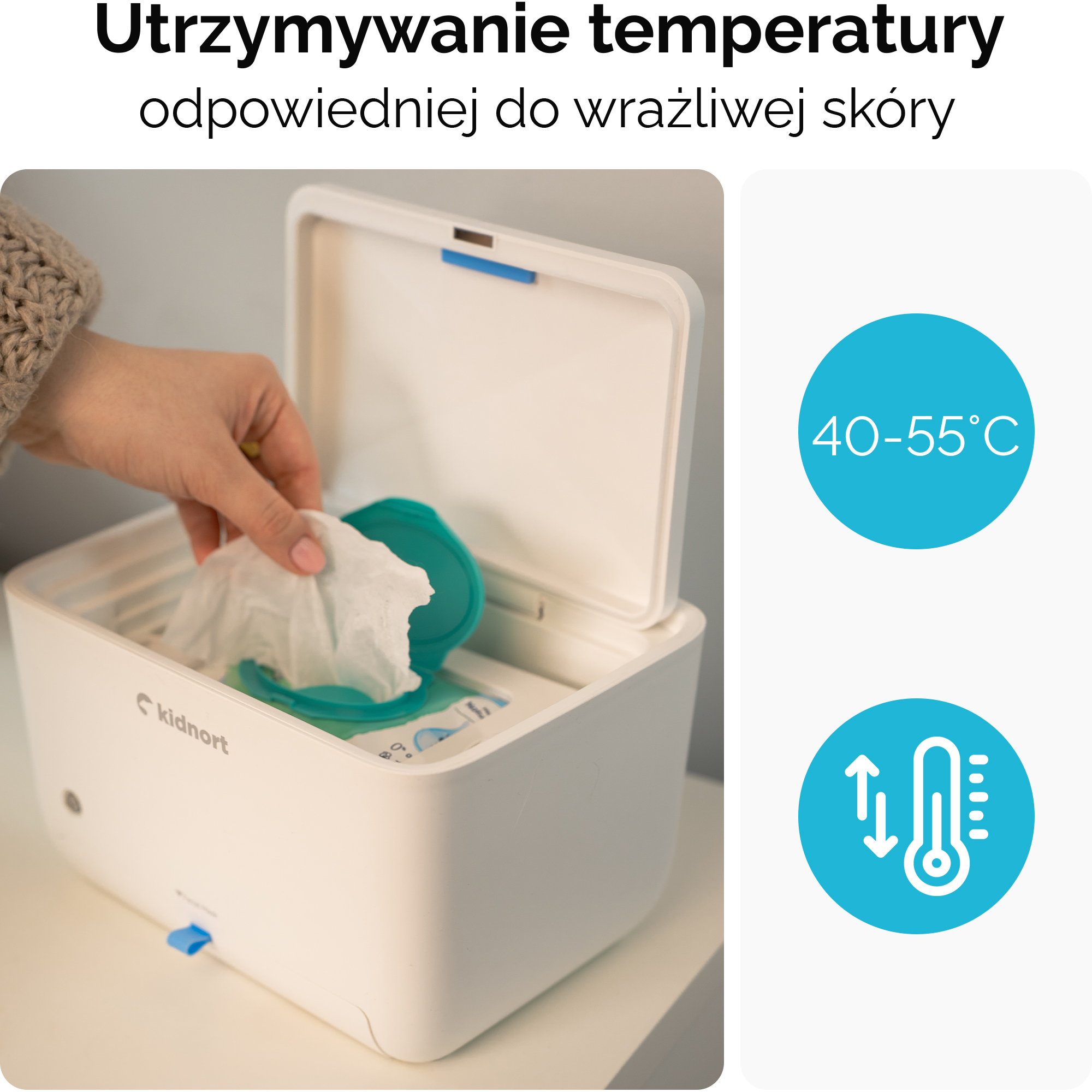 Ręka wyjmuje chusteczkę z białego podgrzewacza do chusteczek z niebieskim wskaźnikiem.
