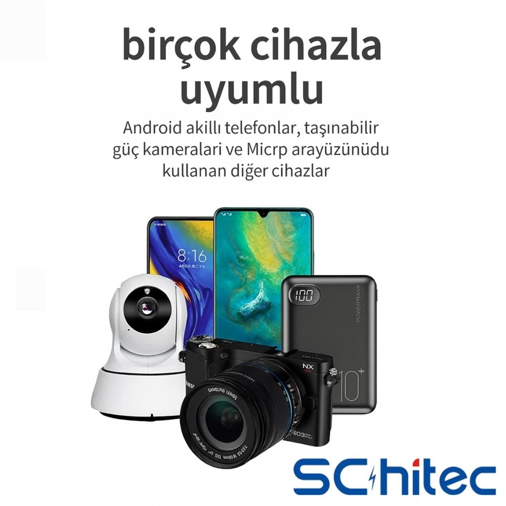 Beyaz güvenlik kamerası, iki akıllı telefon, bir fotoğraf makinesi ve bir powerbank.