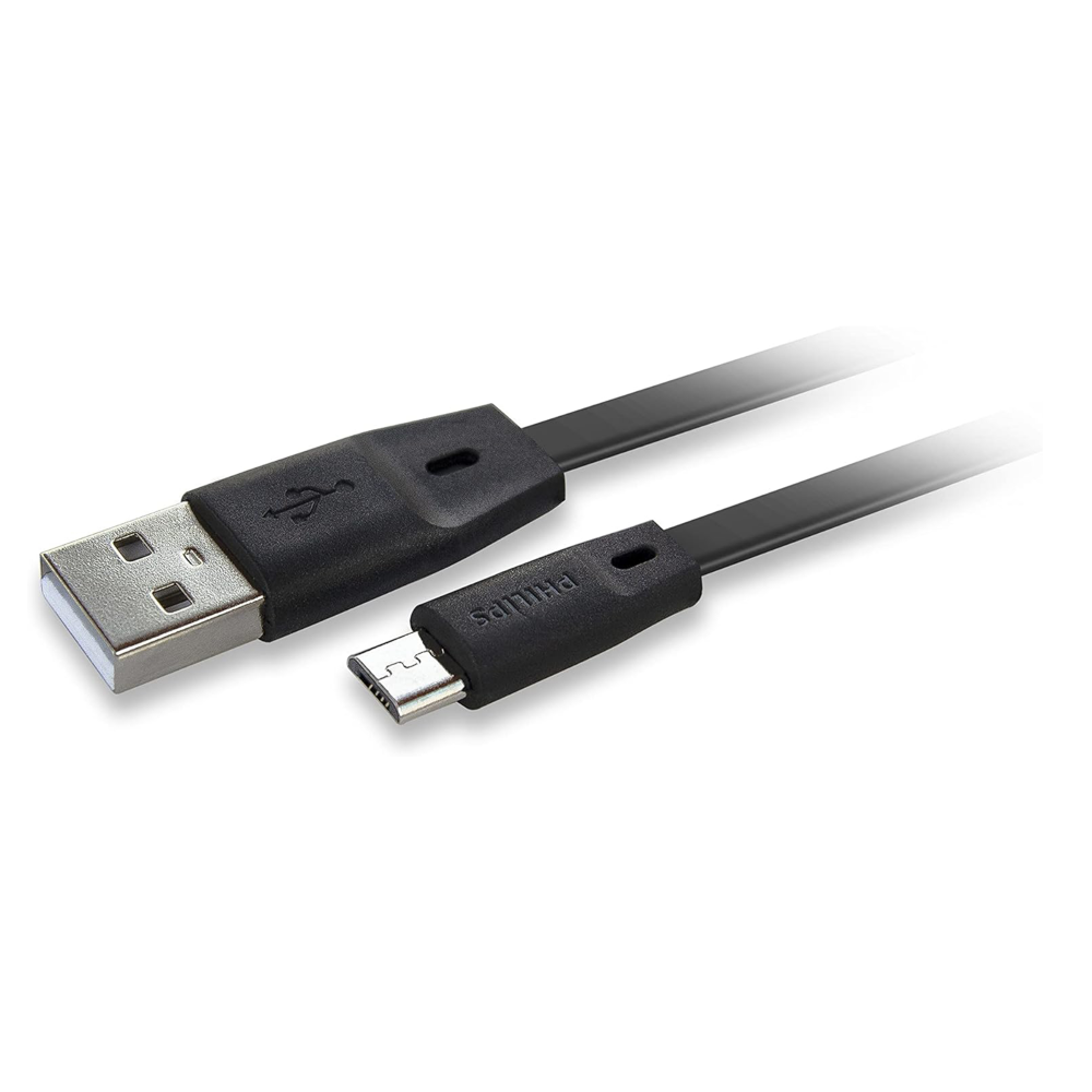 Philips markalı siyah bir USB - mikro USB kablosu gösterilmektedir.
