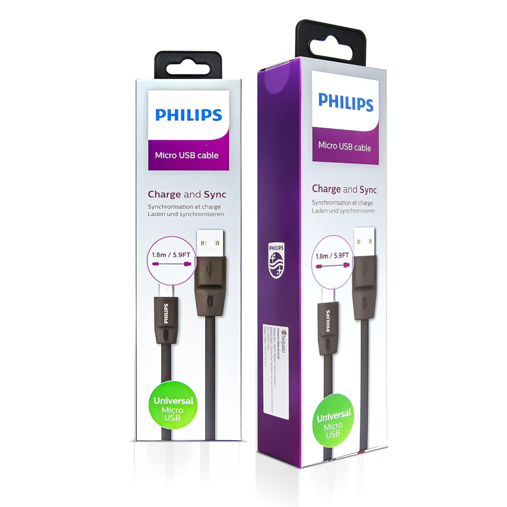 Yan yana iki Philips Micro USB kablo kutusu, biri beyaz, diğeri mor.
