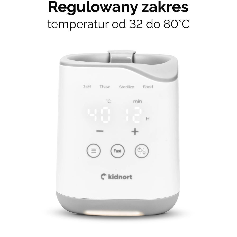 Biały podgrzewacz do butelek z cyfrowym wyświetlaczem pokazującym 40°C i 12 minut.