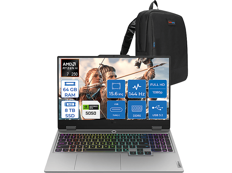 LENOVO Loq 15AHP10 DDR5 RTX5050 8 GB IPS 83JG006ATRF42 AMD Ryzen 5 250 64 GB RAM 8 TB SSD 15,6 inç FreeDOS Laptop+Çanta Gri