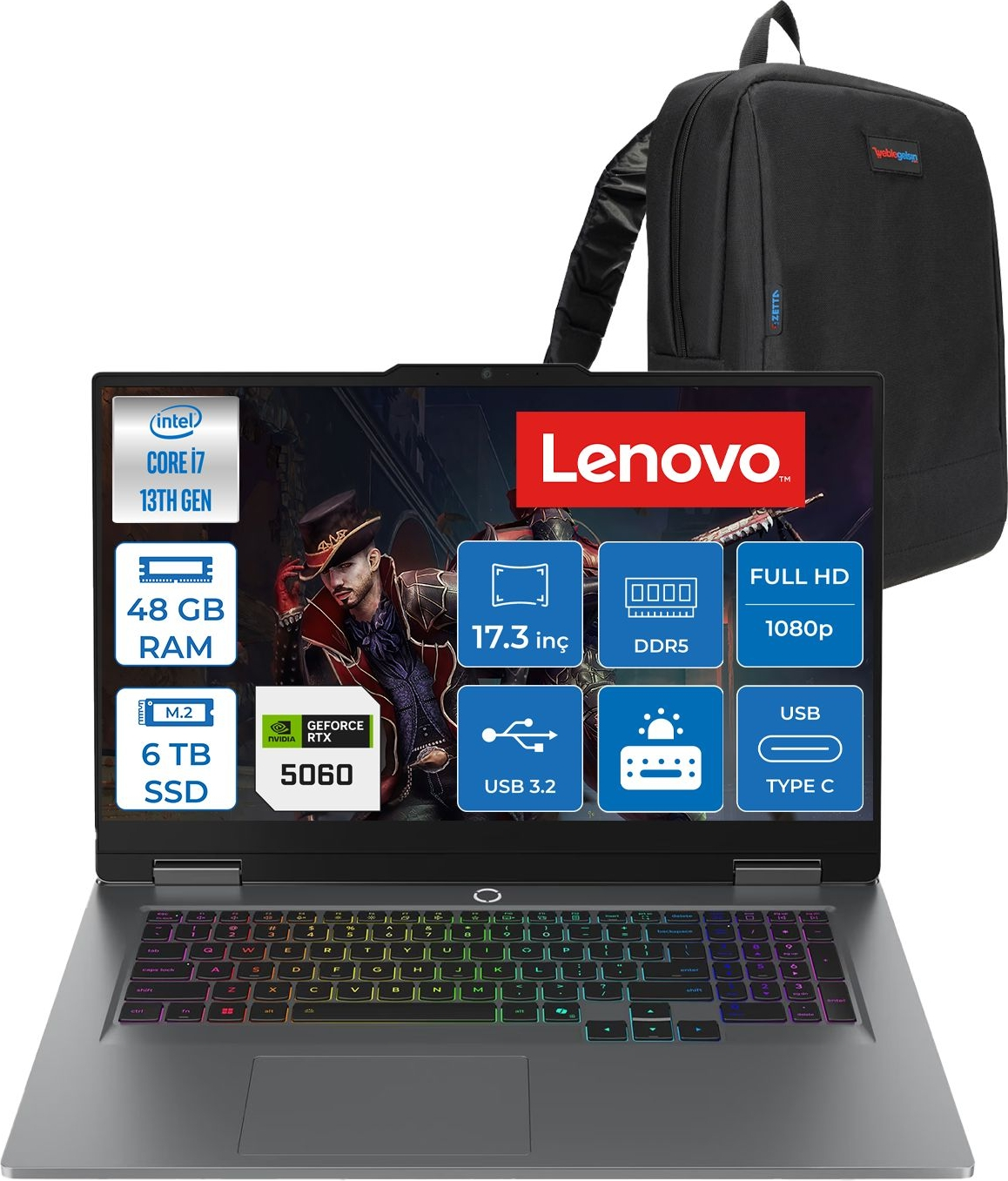 Lenovo dizüstü bilgisayar 17,3 inç ekran, 48GB RAM, 6TB SSD, Intel i7, RTX 5060 ve sırt çantası.